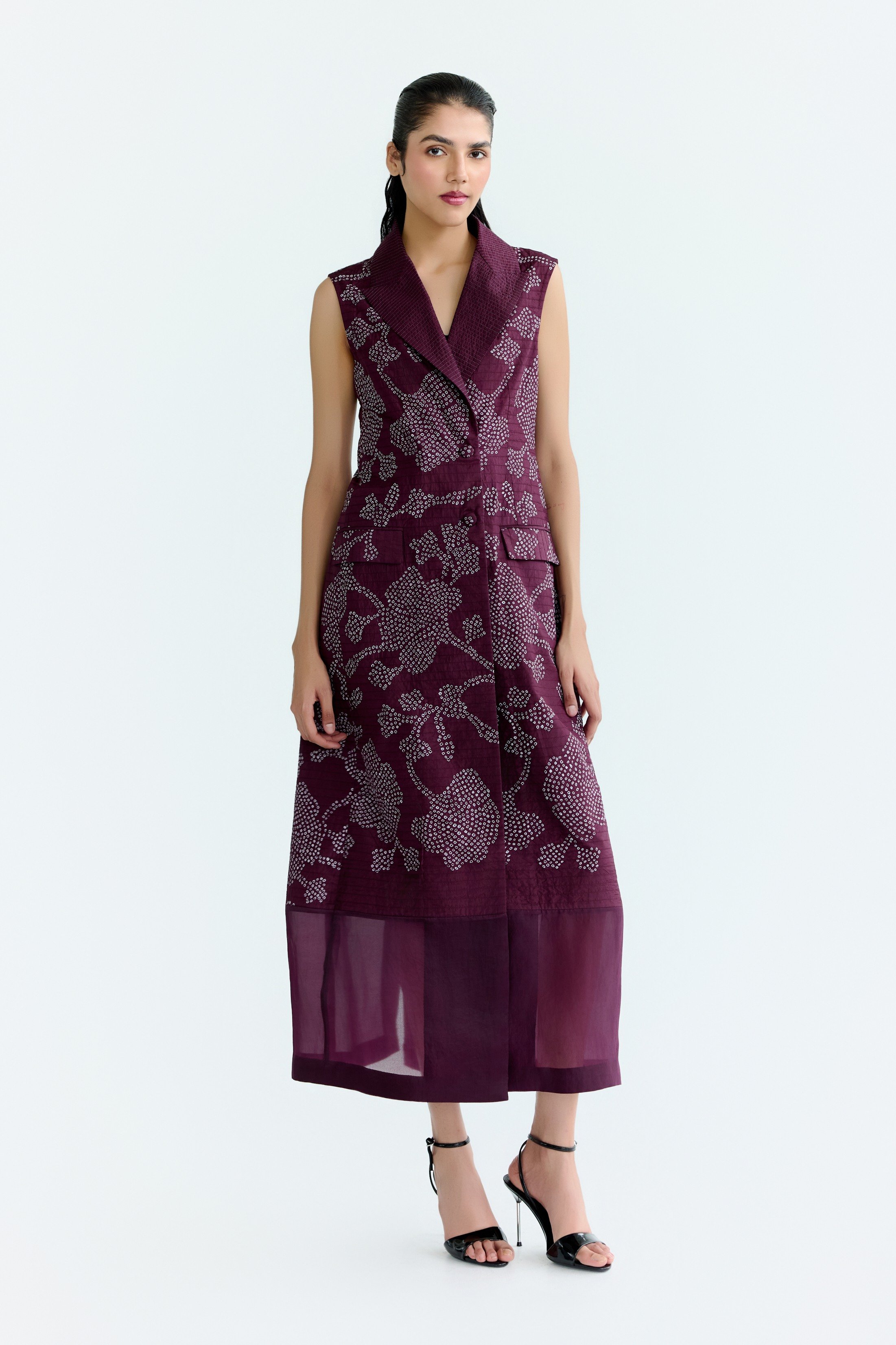 Bandhani Wine Sleeveless Trench