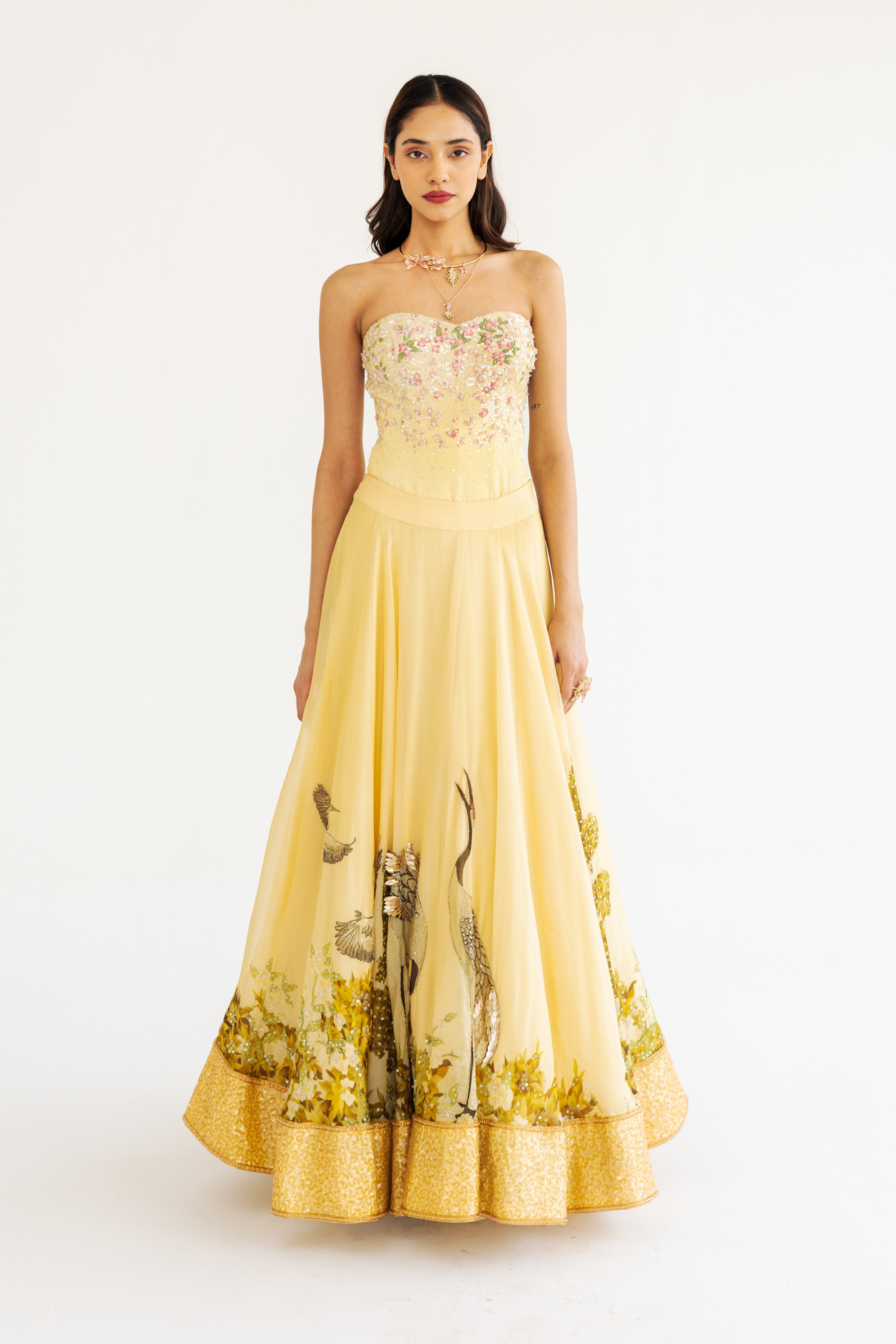 Gold Skirt With Printed Heron