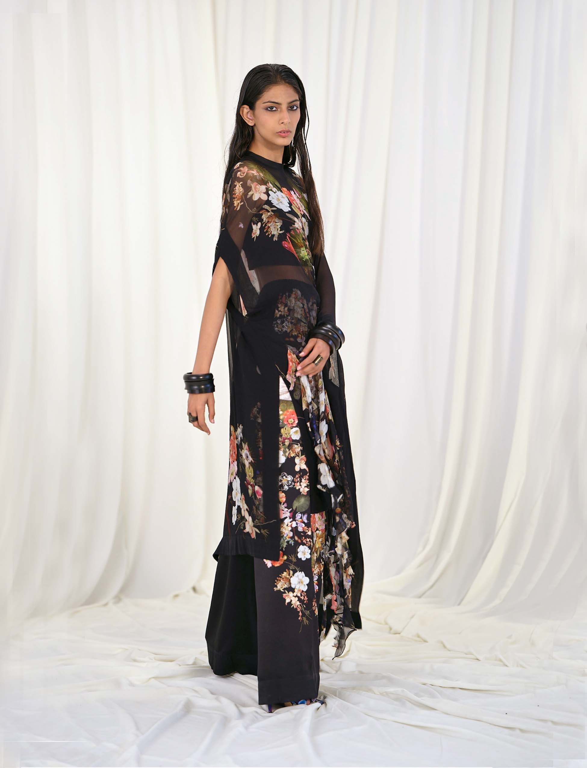 PRINTED SILK KAFTAN WITH CROP TOP AND TROUSER