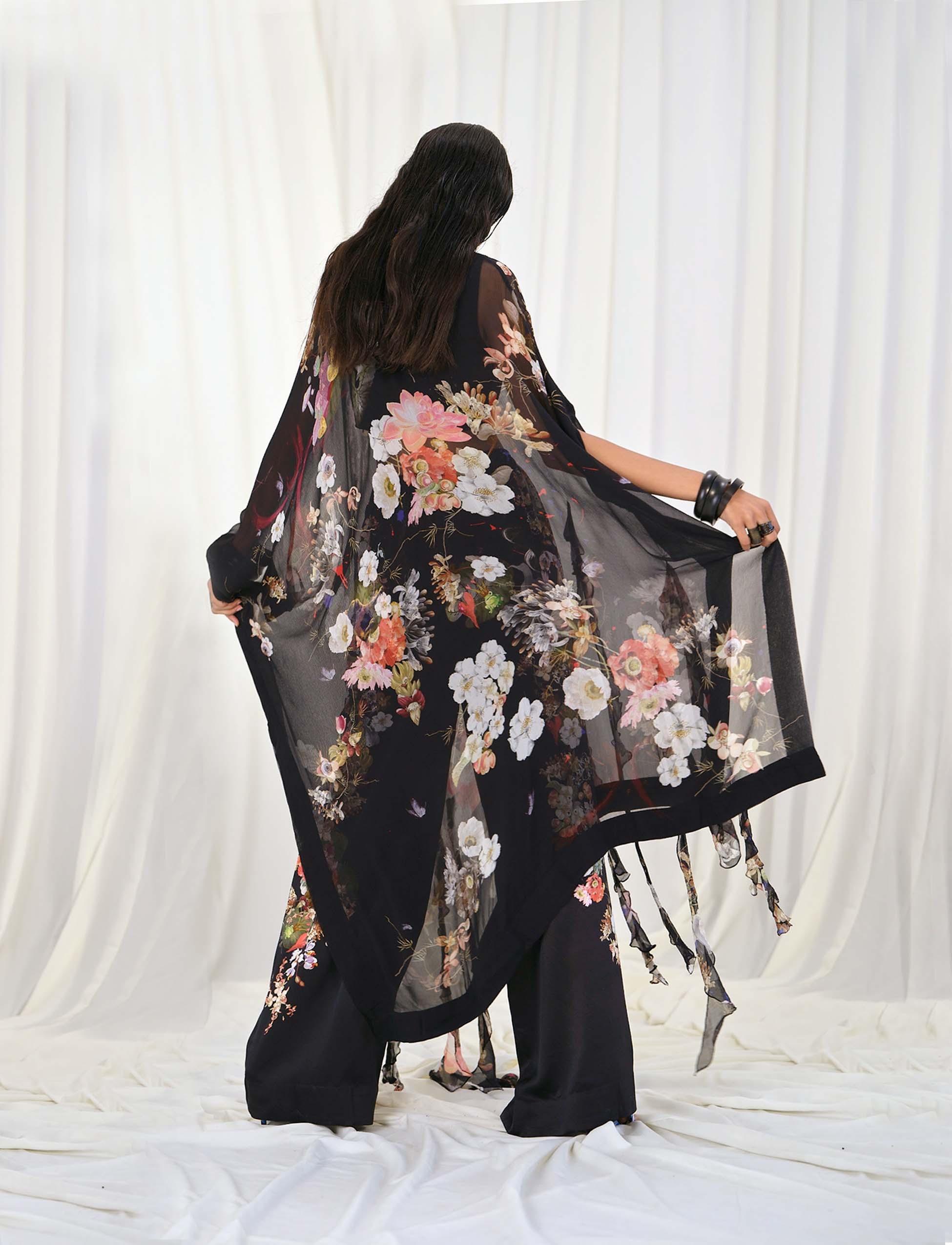 PRINTED SILK KAFTAN WITH CROP TOP AND TROUSER