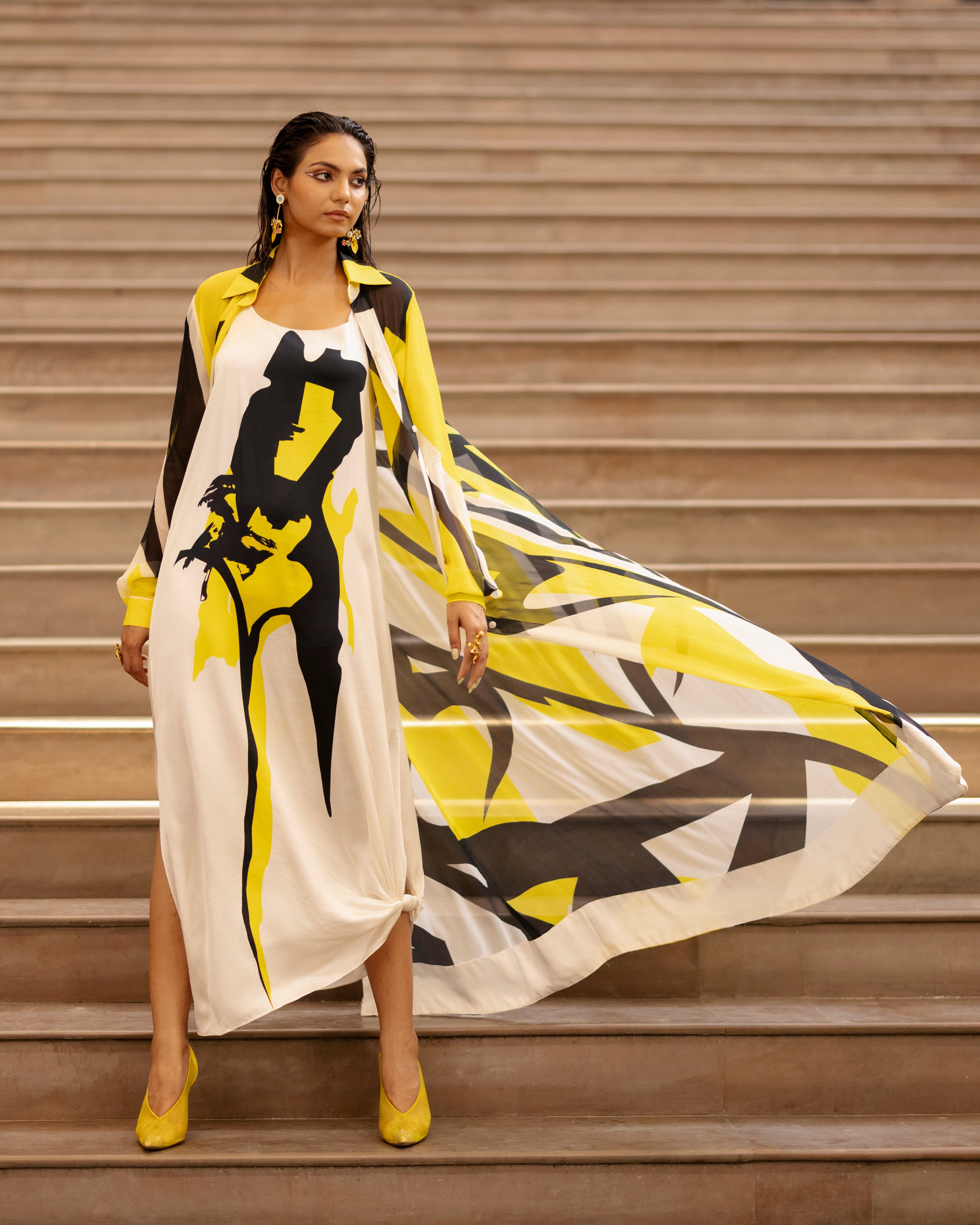 ABSTRACT PRINT JACKET WITH SLIP DRESS