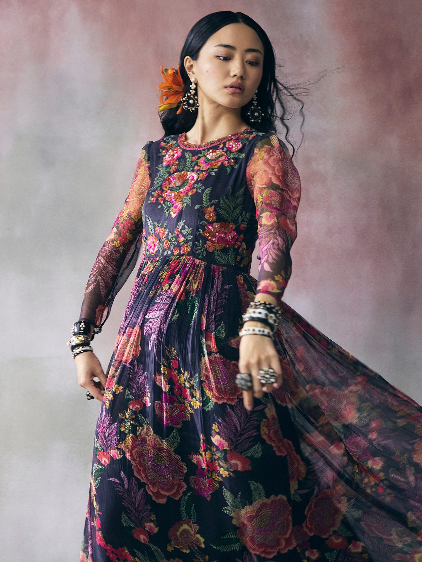 Black Moonflower Long Dress