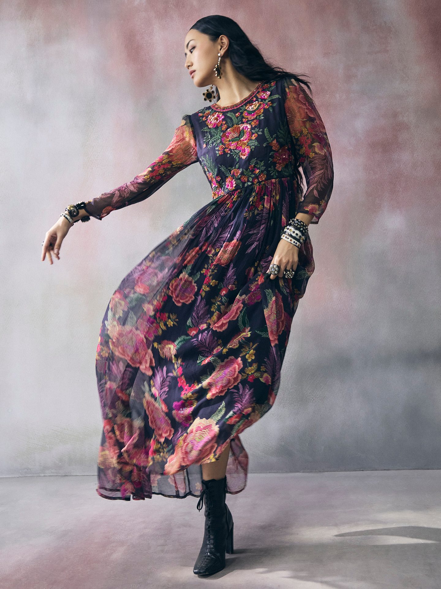 Black Moonflower Long Dress