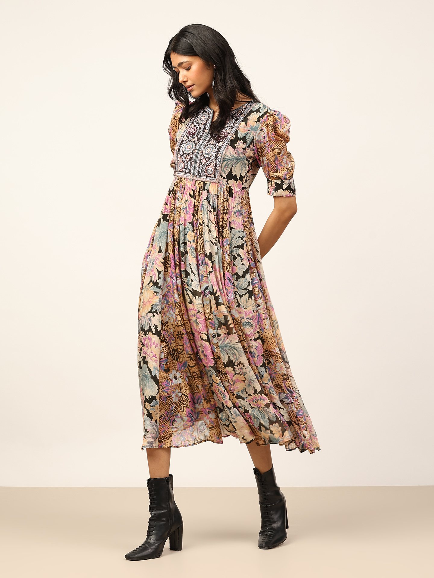 Black Multi Rose Bloom Long Dress