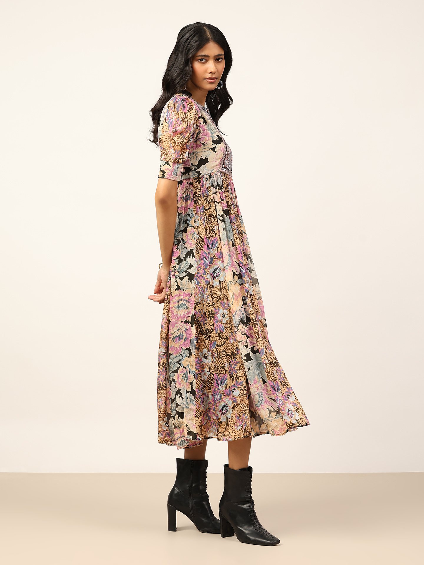 Black Multi Rose Bloom Long Dress