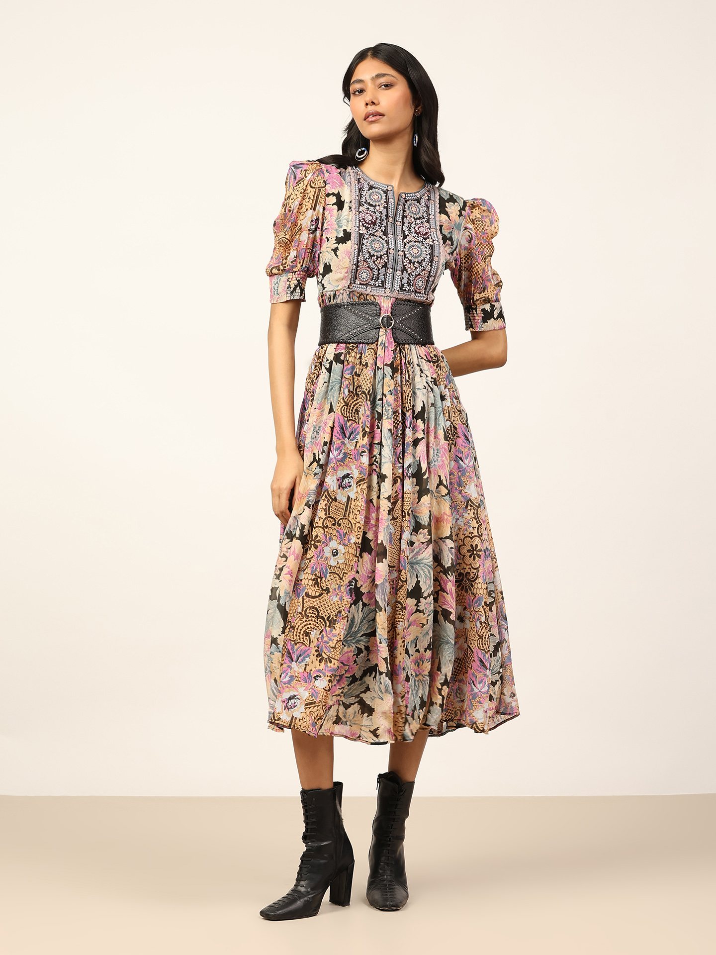 Black Multi Rose Bloom Long Dress