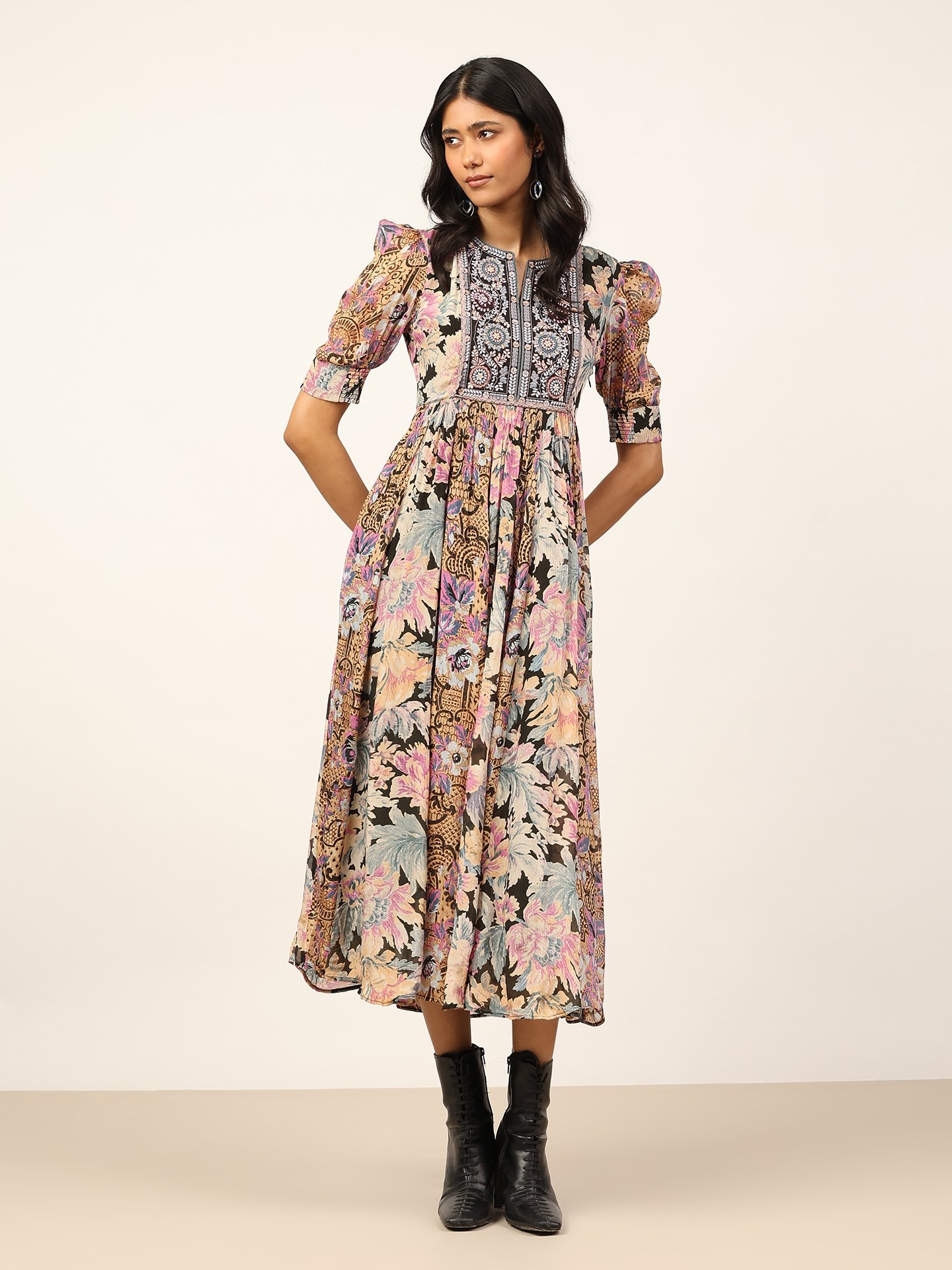 Black Multi Rose Bloom Long Dress