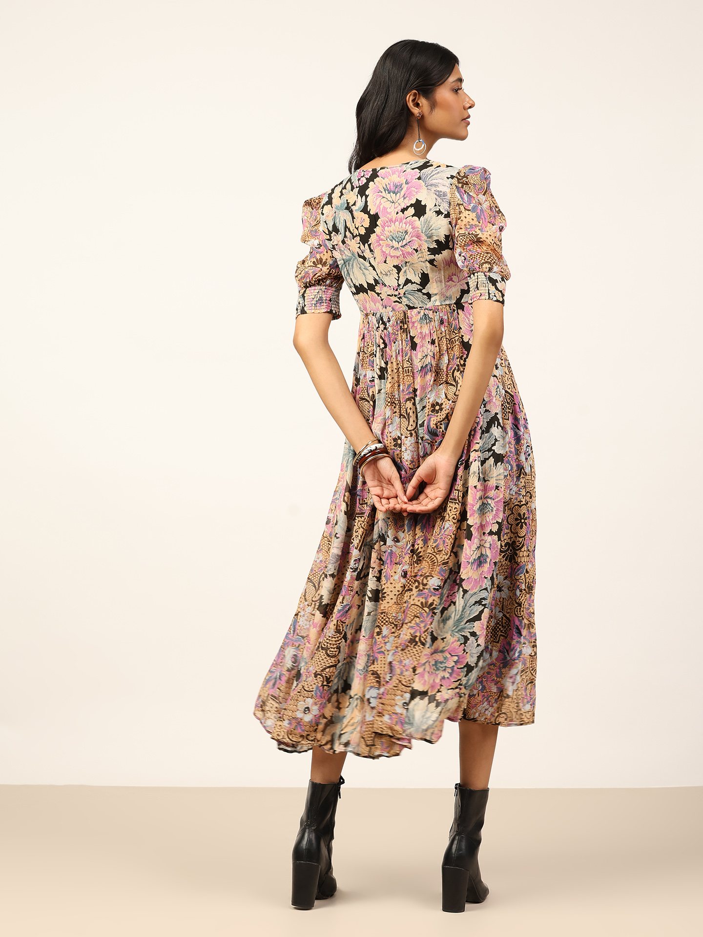 Black Multi Rose Bloom Long Dress