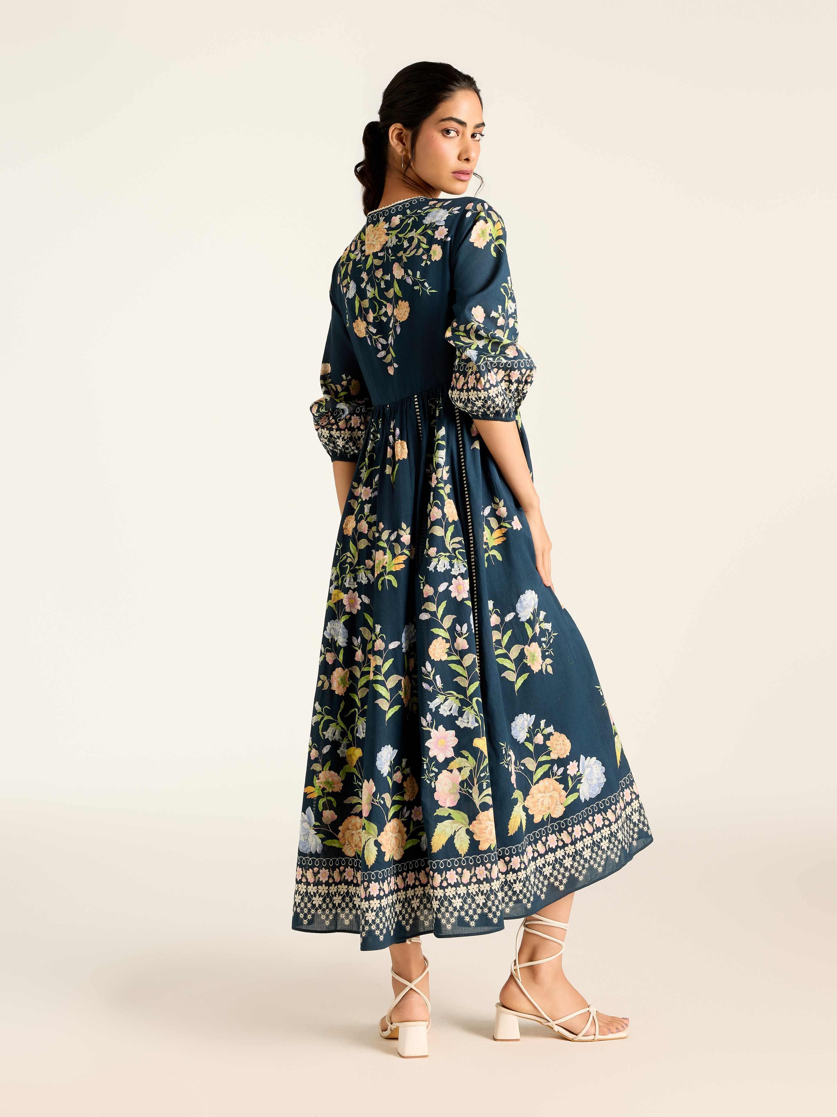 Navy Flower Lace Long Dress