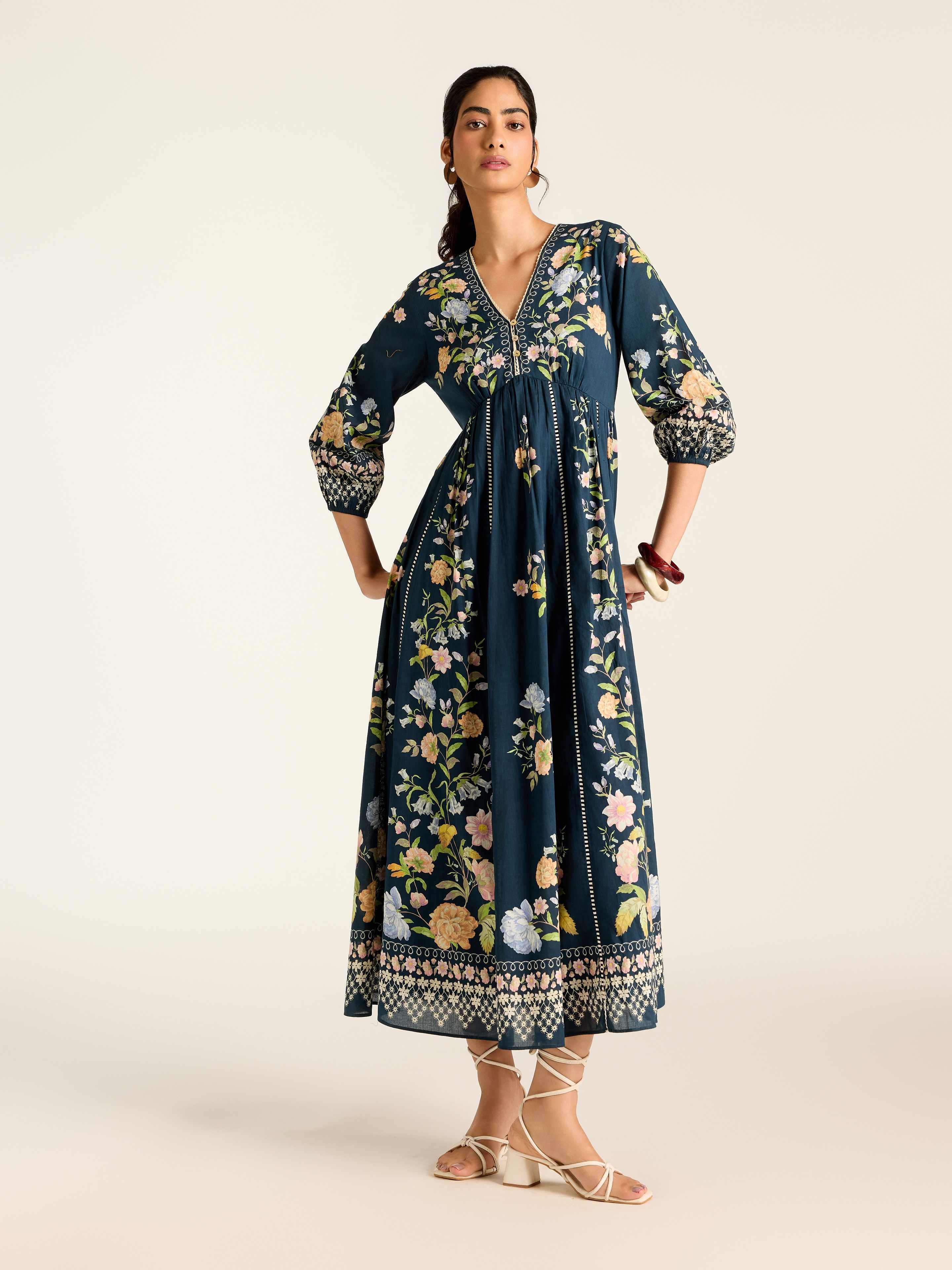 Navy Flower Lace Long Dress