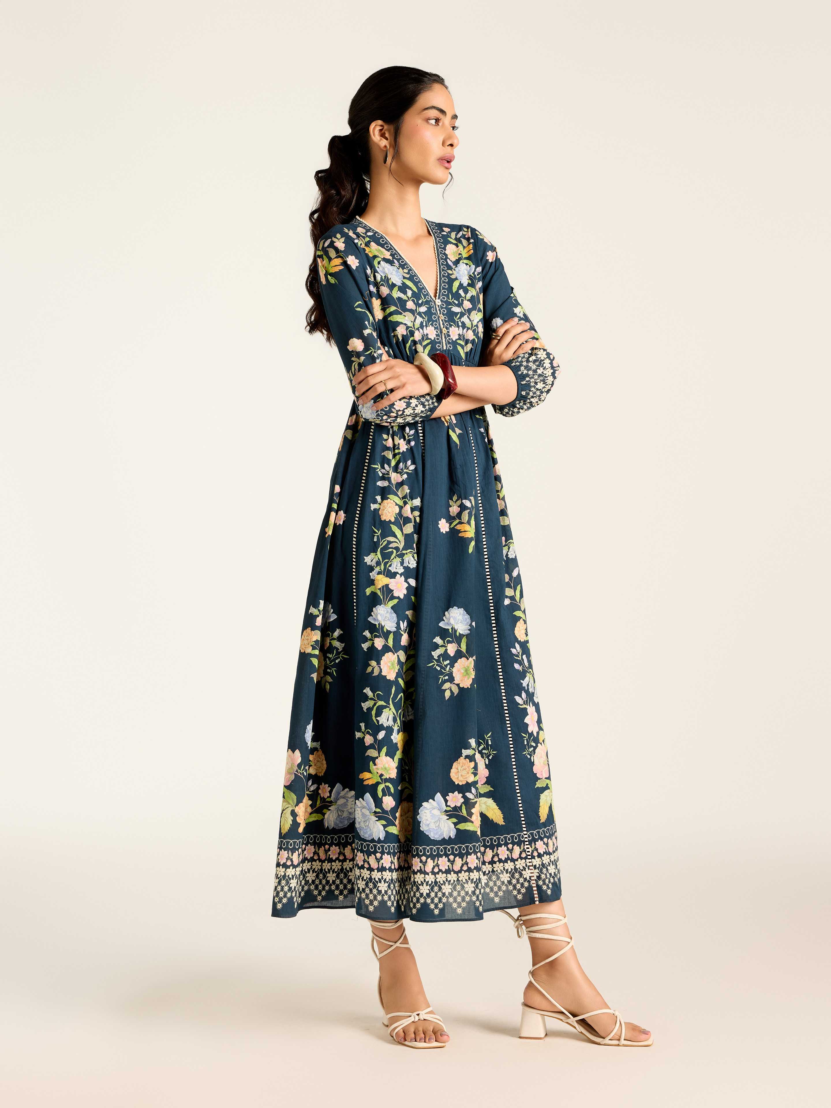 Navy Flower Lace Long Dress