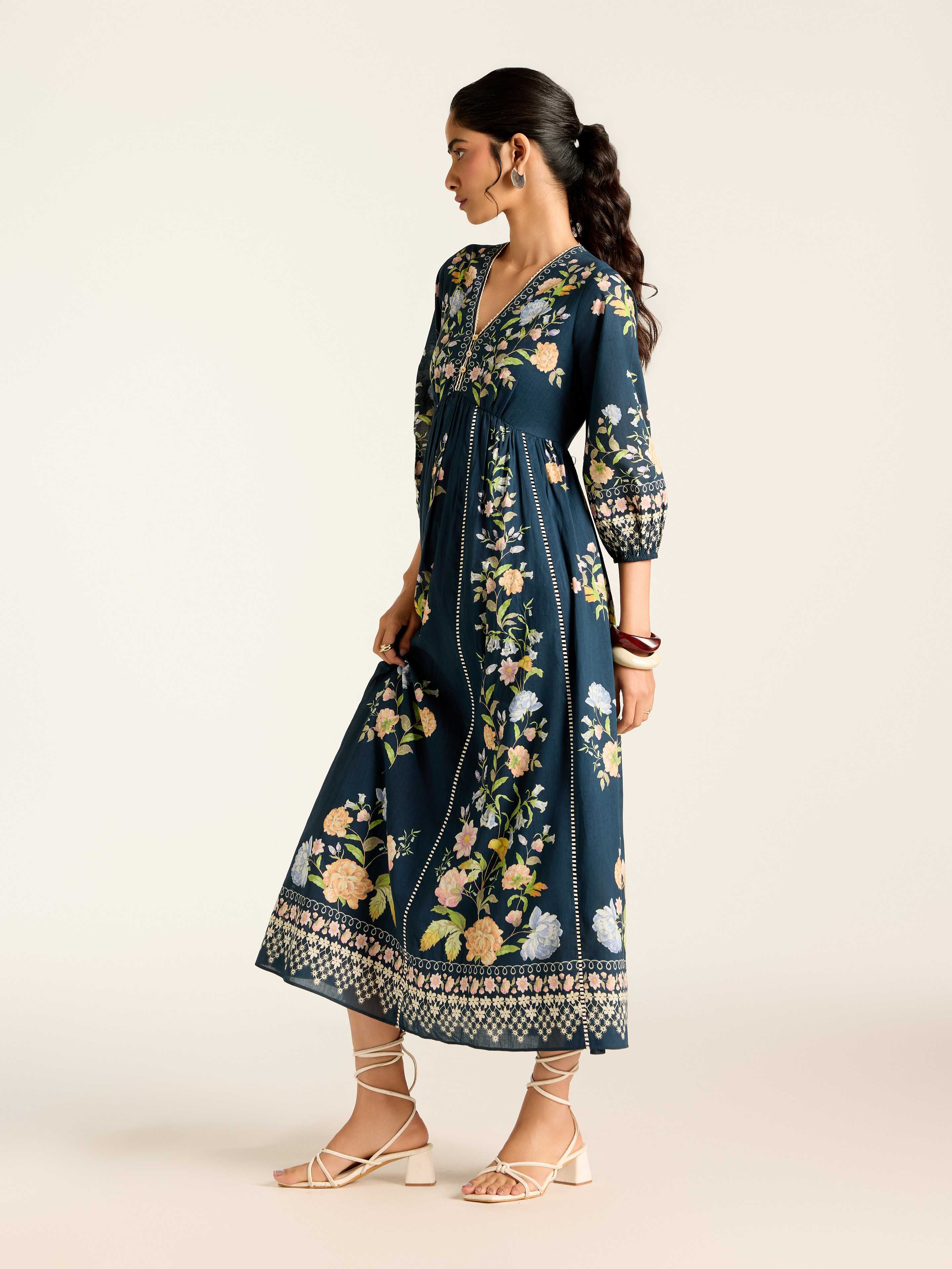 Navy Flower Lace Long Dress