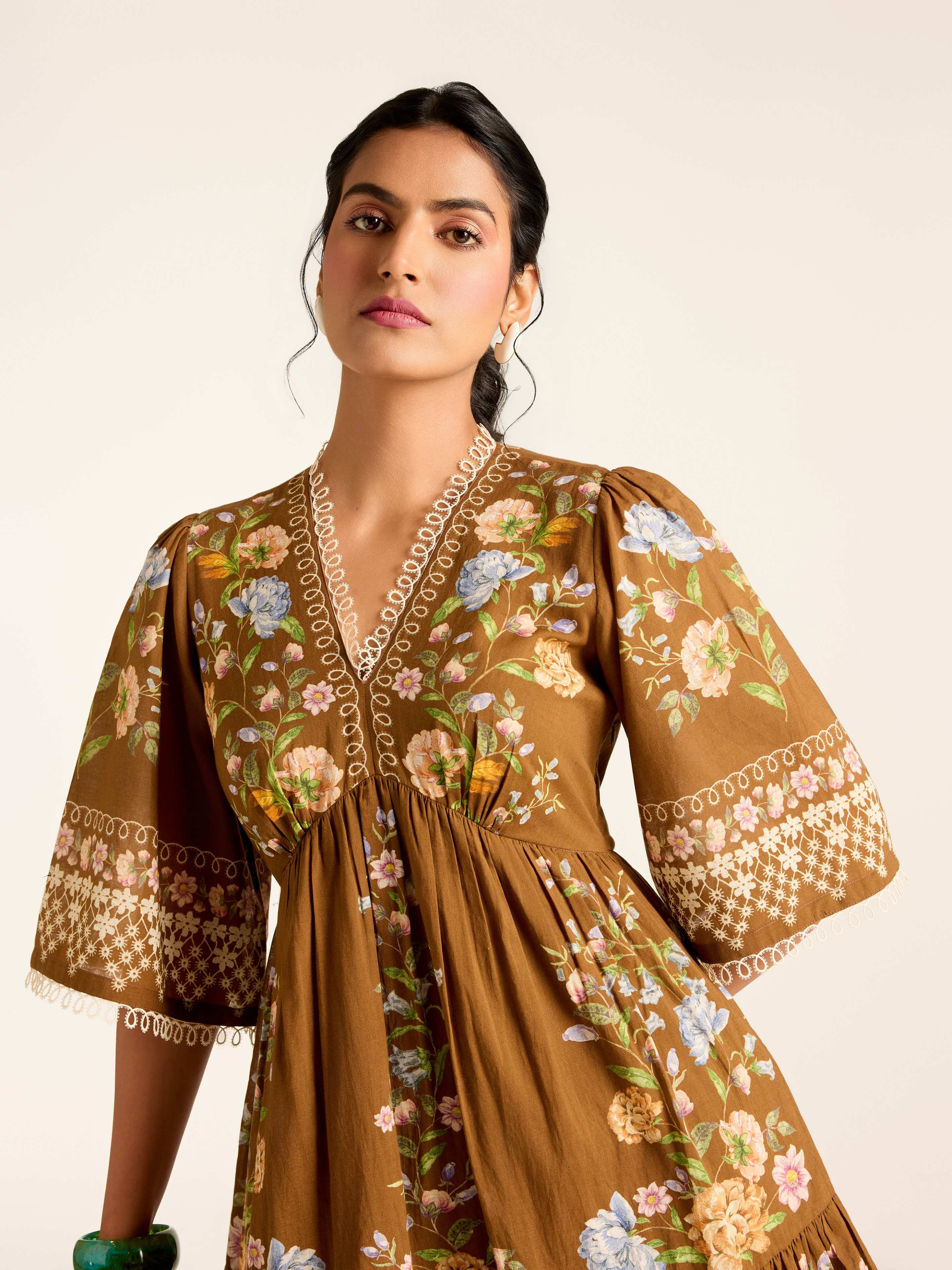 Brown Flower Lace Short Dress