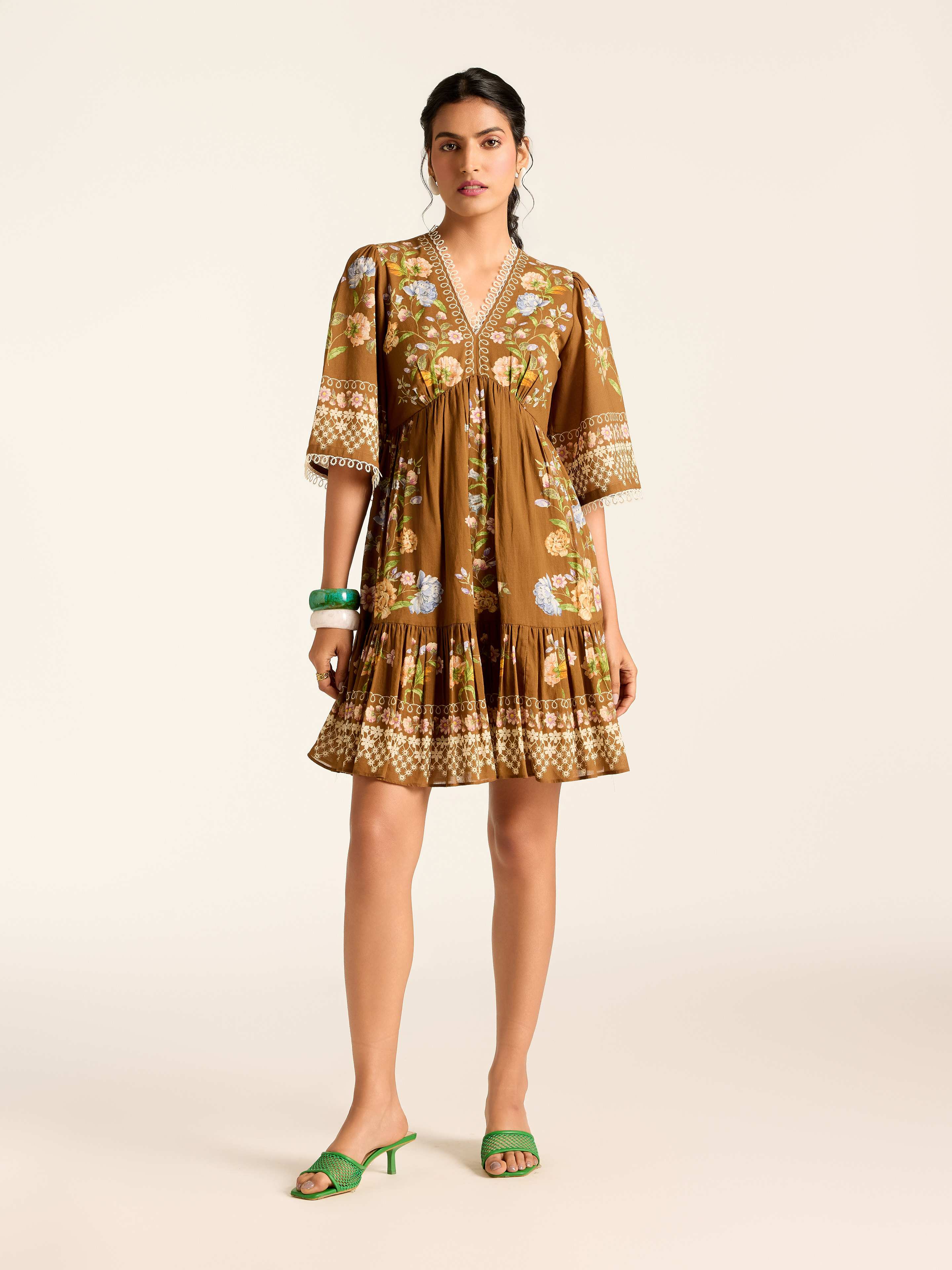 Brown Flower Lace Short Dress