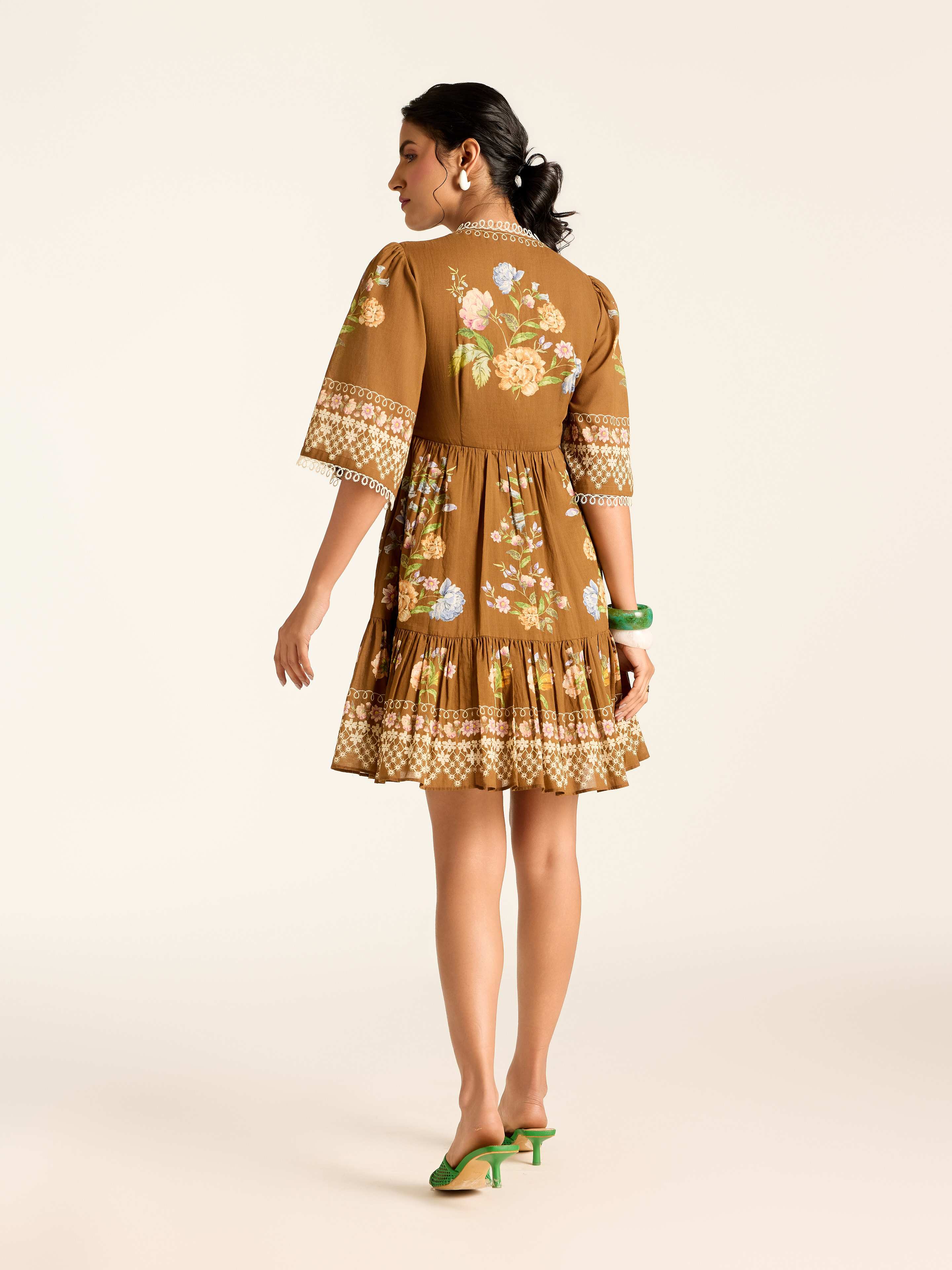 Brown Flower Lace Short Dress