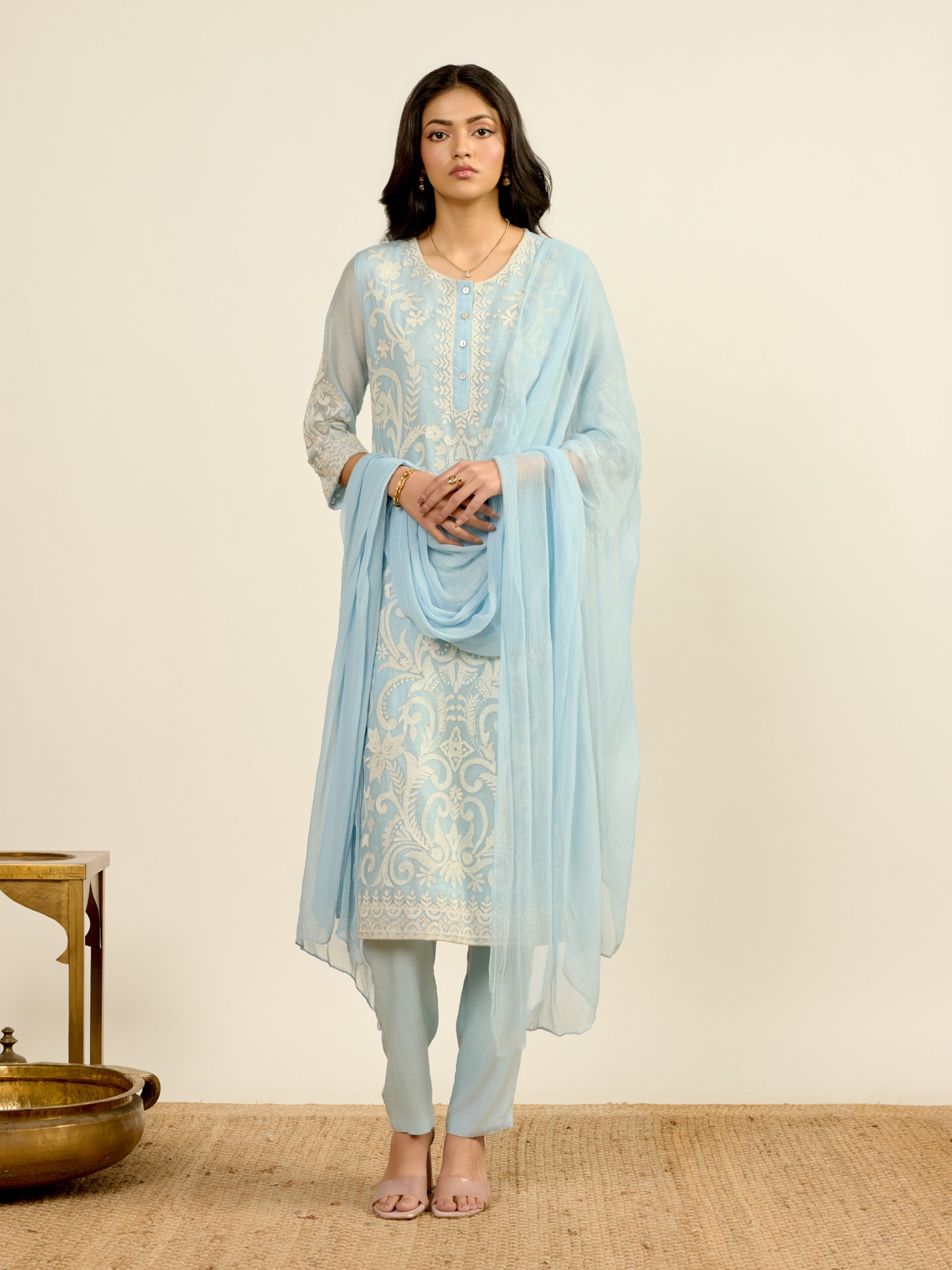 Powder Blue Nilambiri Solid Suit Set