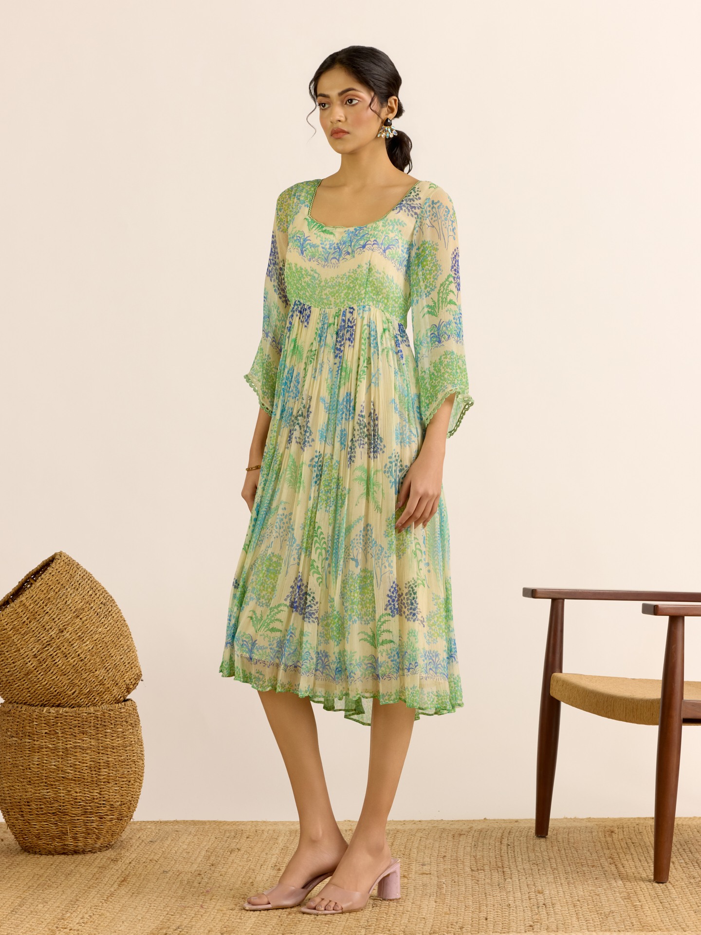Ecru Palm Tree Midi Dress