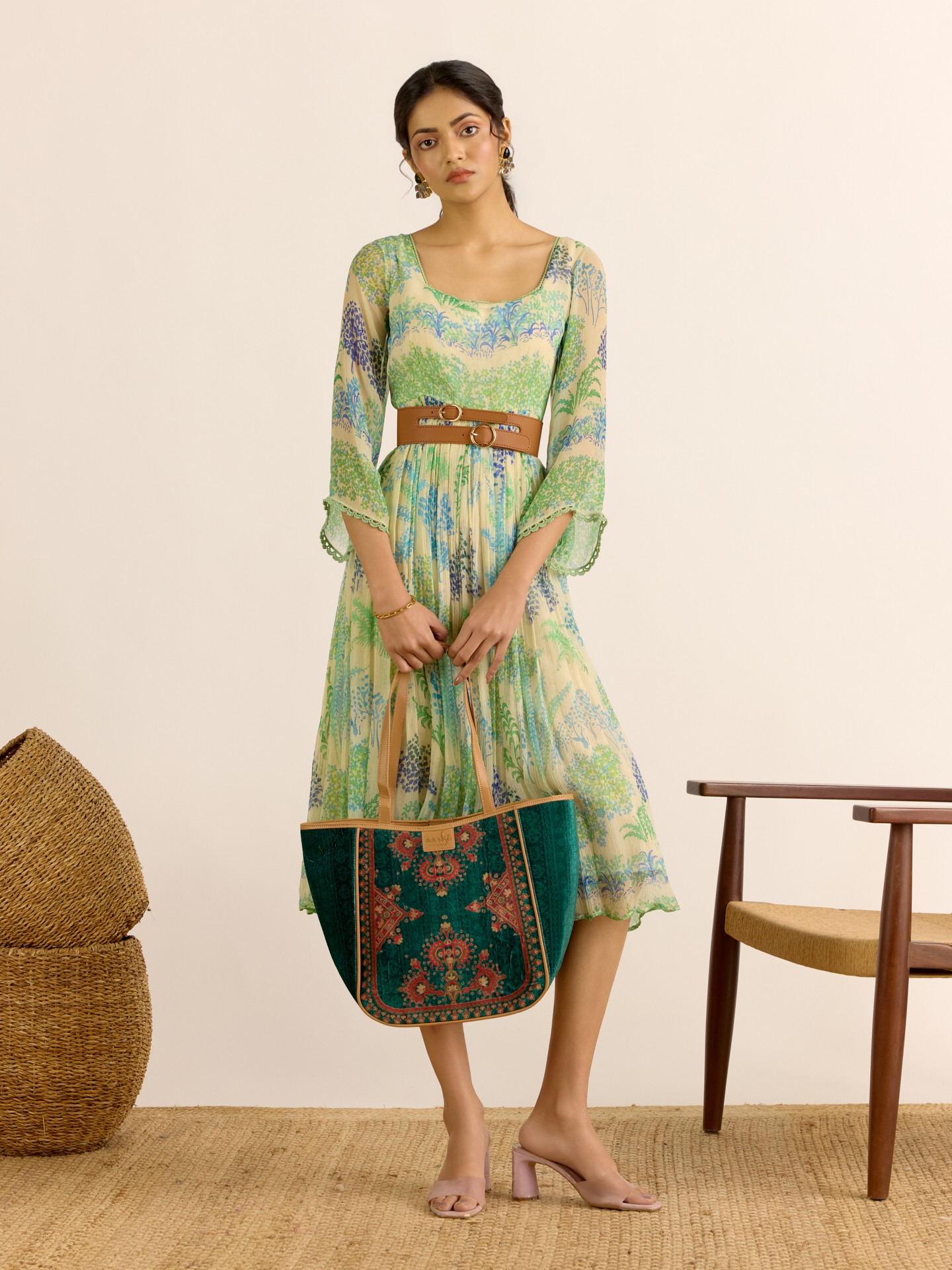 Ecru Palm Tree Midi Dress