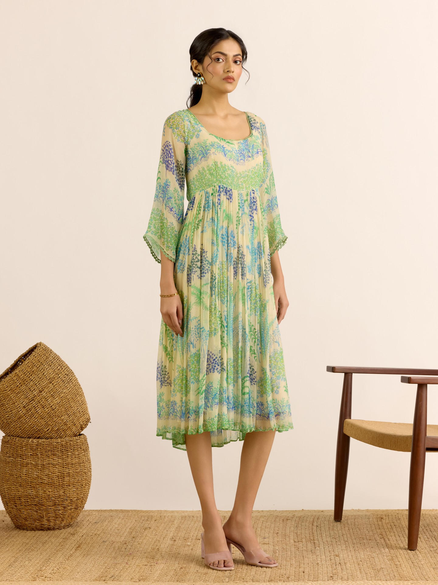 Ecru Palm Tree Midi Dress