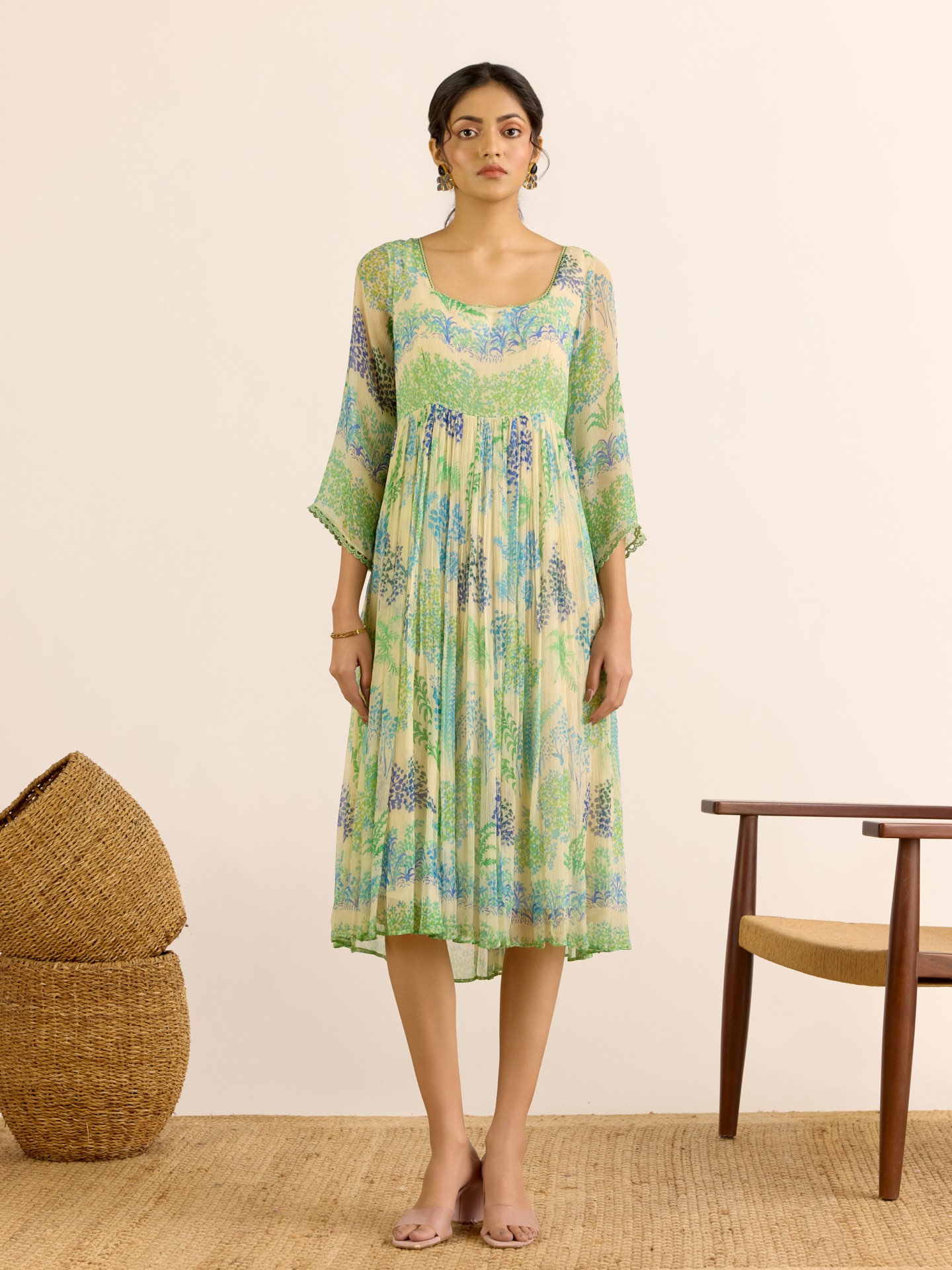 Ecru Palm Tree Midi Dress