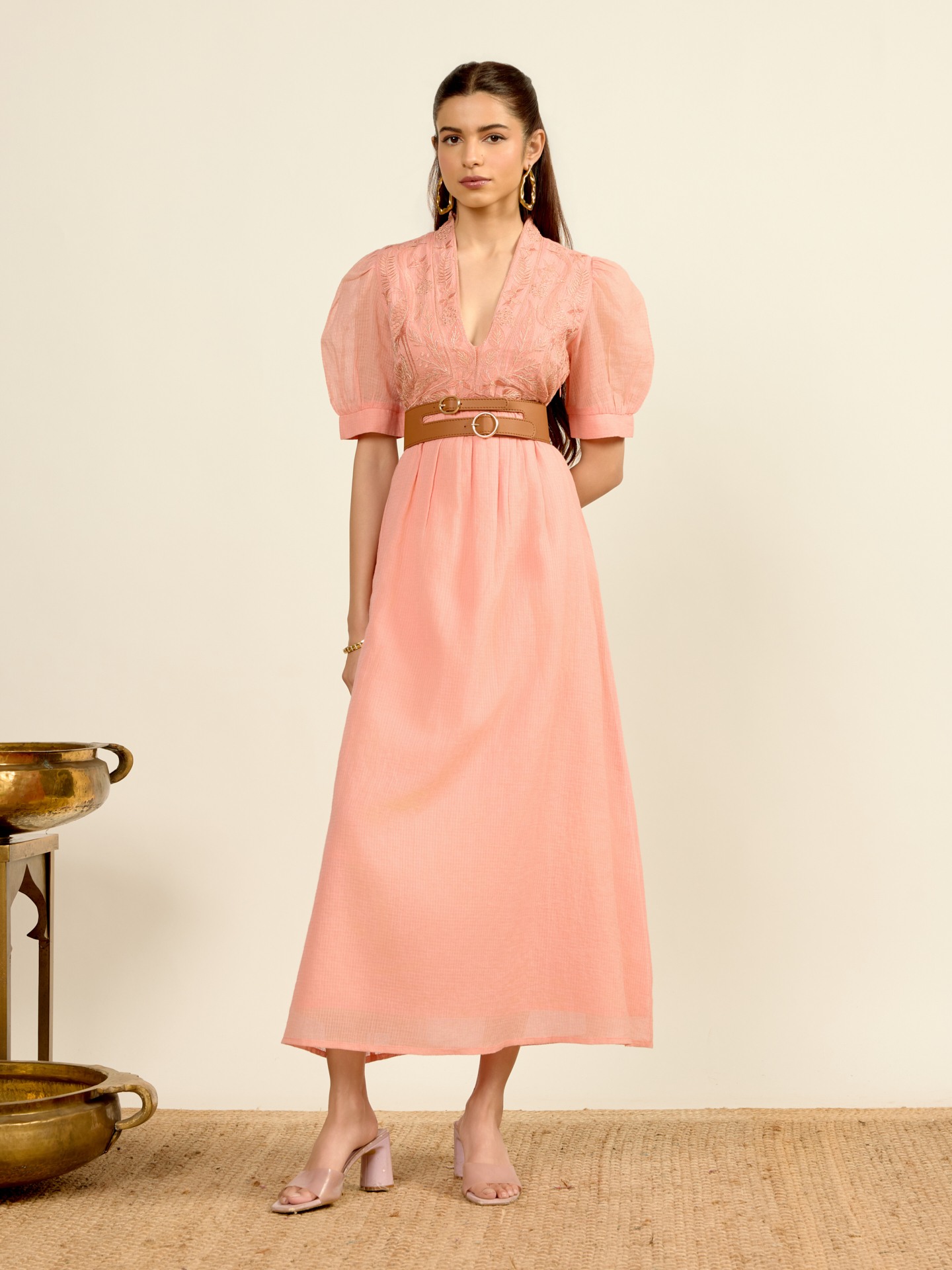 Peach Madhura Kota Midi Dress