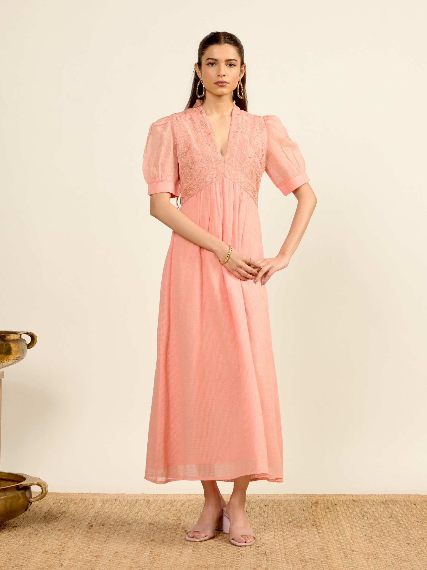 Peach Madhura Kota Midi Dress