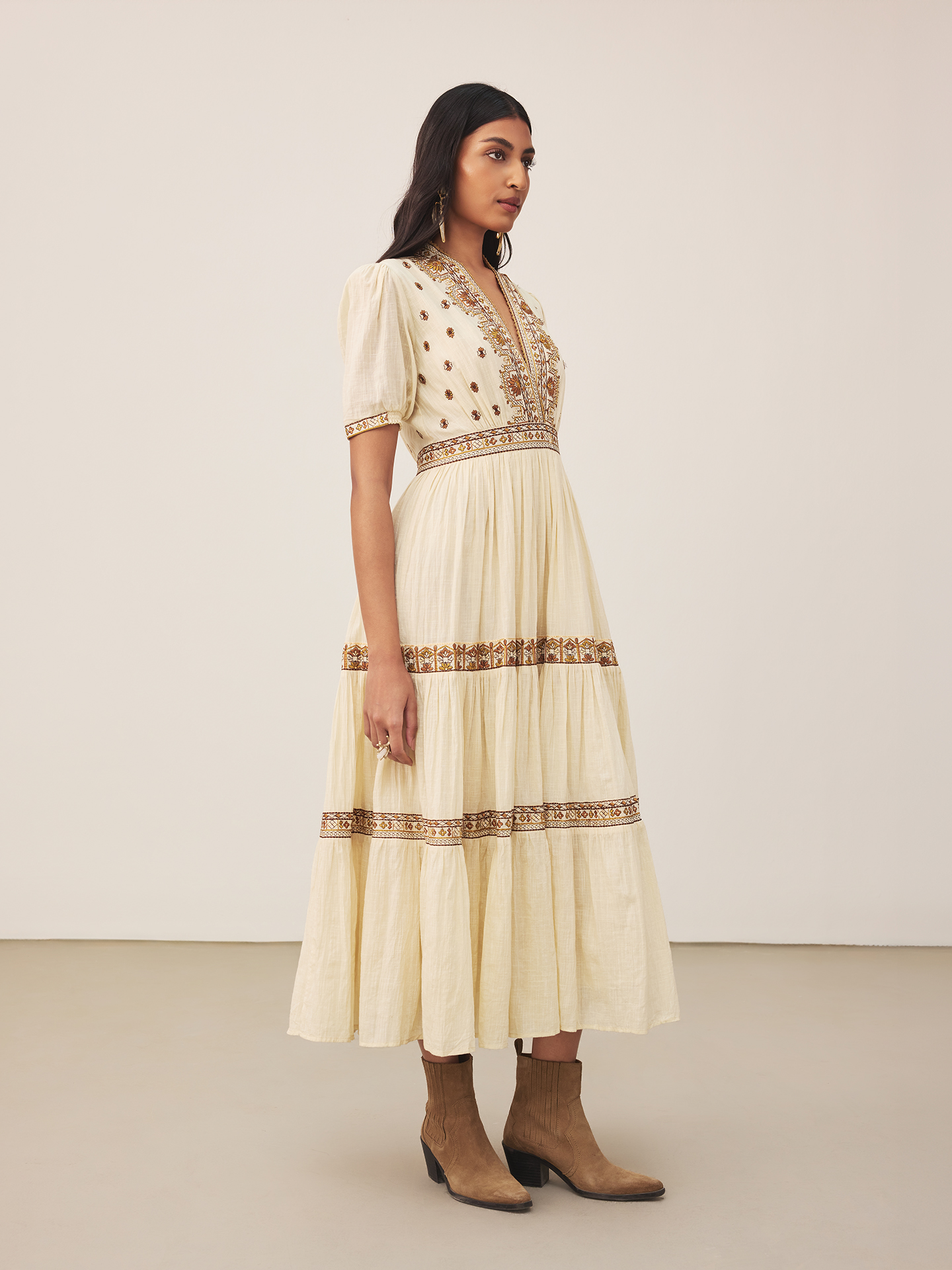Beige Lara Embroidery Long Dress