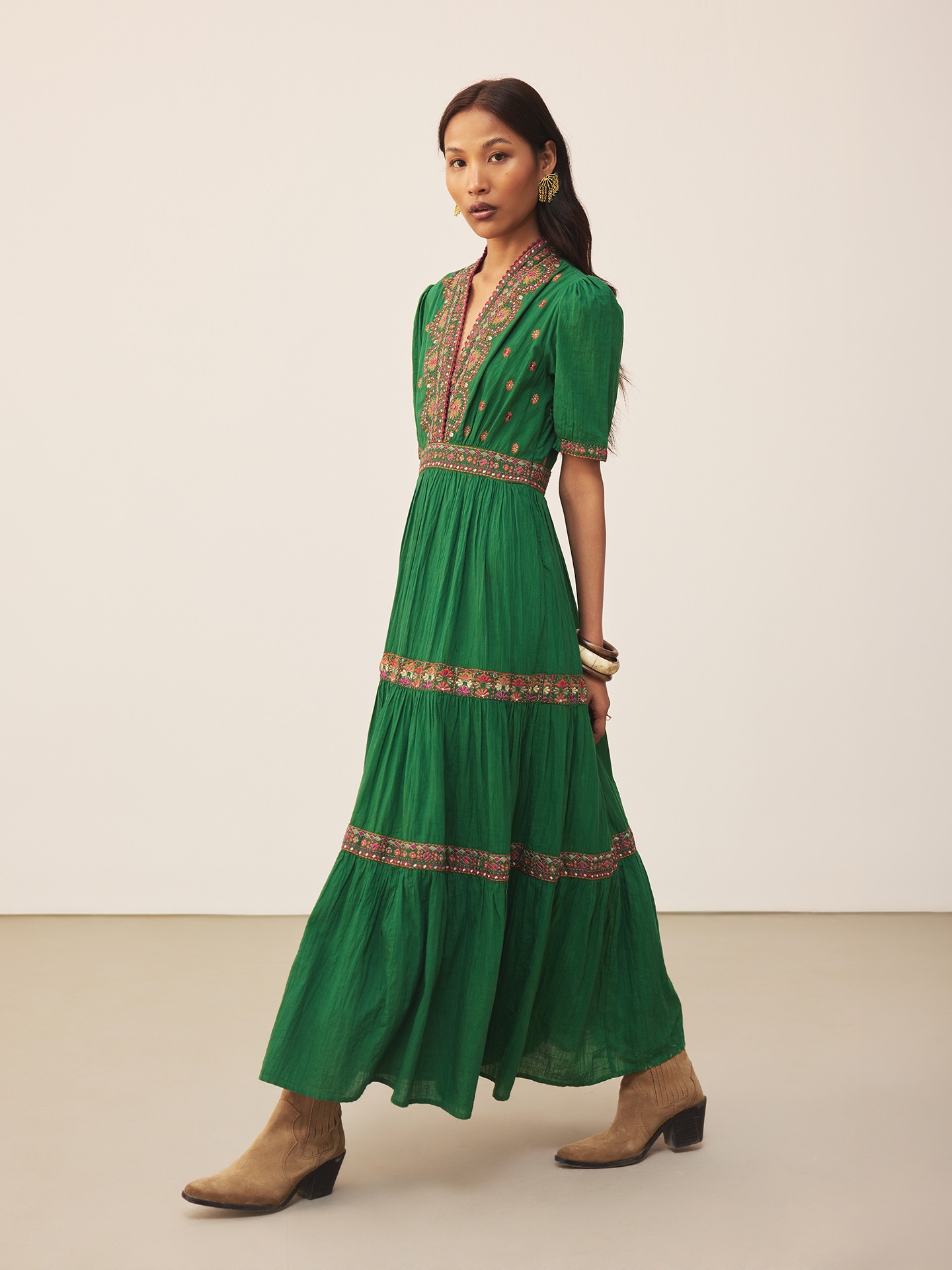Green Lara Embroidery Long Dress