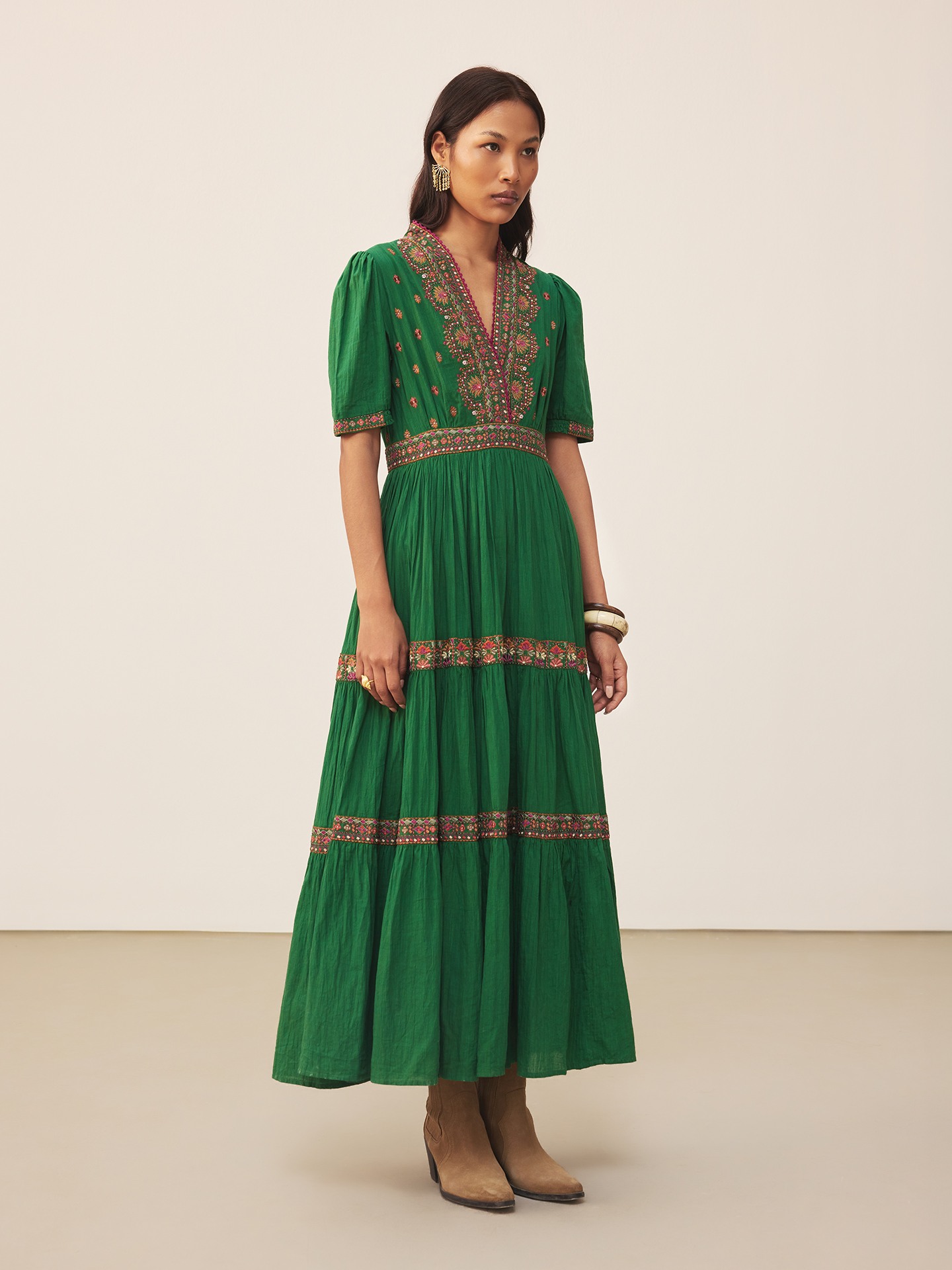 Green Lara Embroidery Long Dress