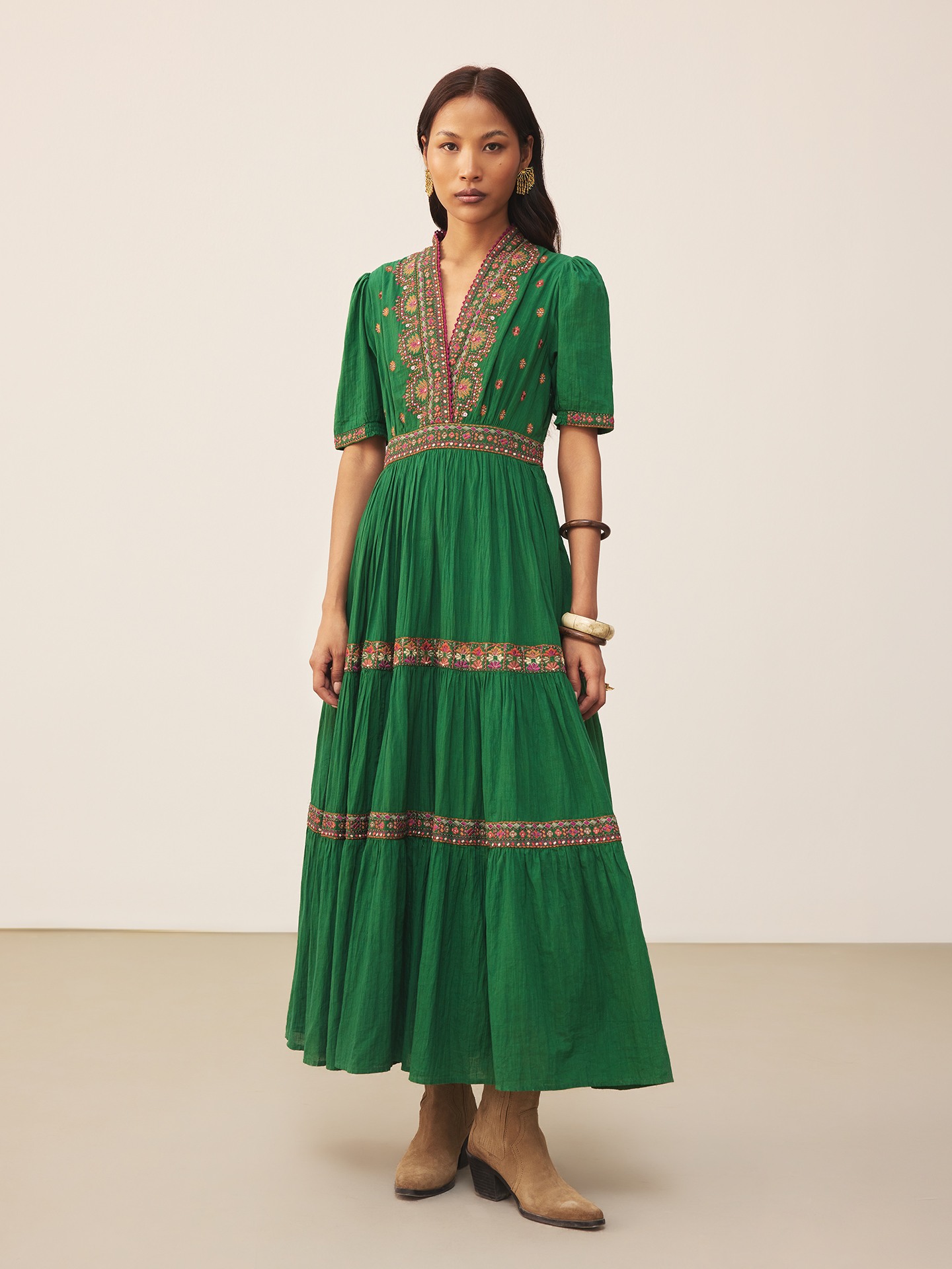Green Lara Embroidery Long Dress