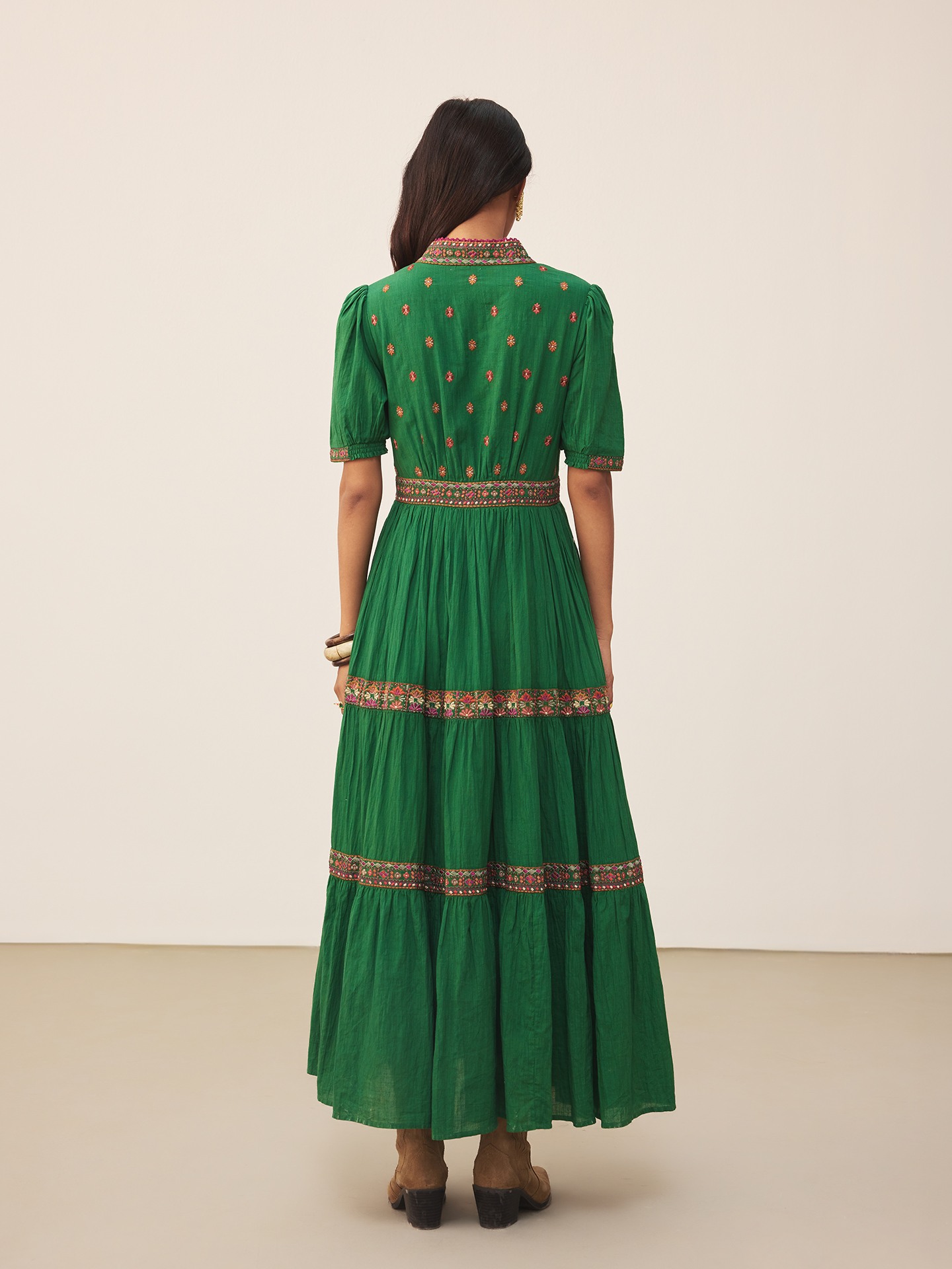 Green Lara Embroidery Long Dress