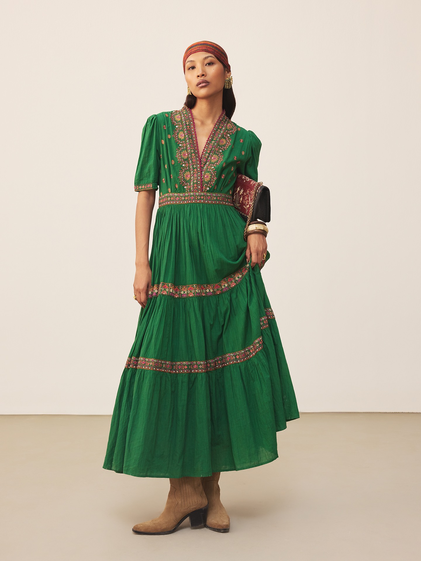 Green Lara Embroidery Long Dress