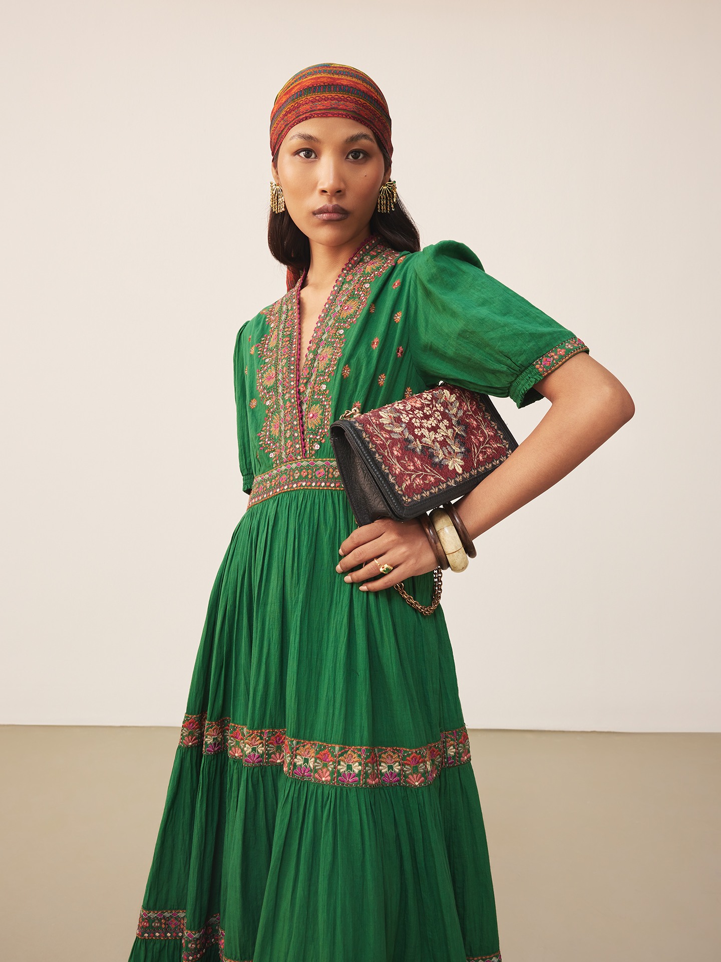 Green Lara Embroidery Long Dress