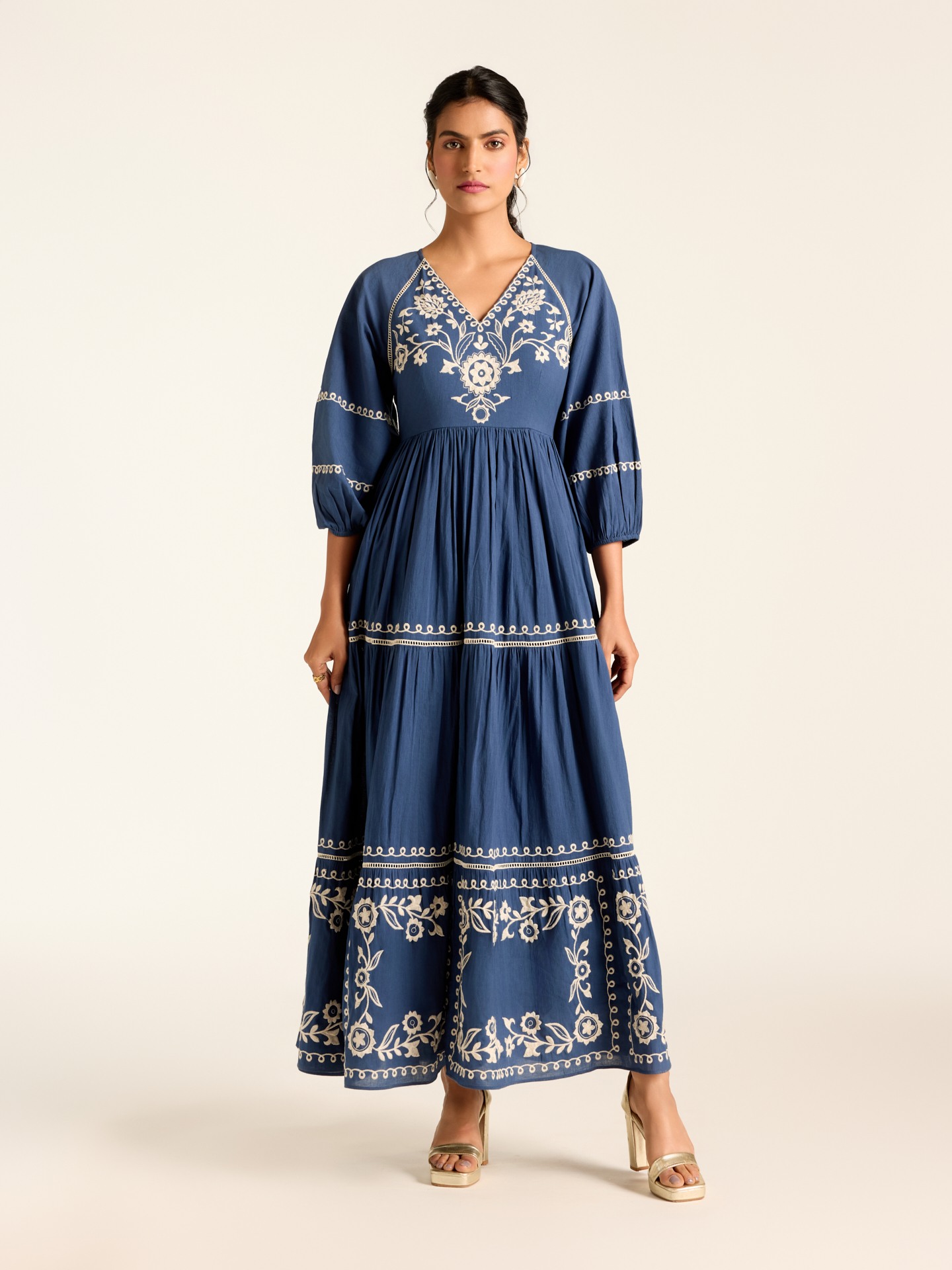 Navy Edwin Emb Long Dress