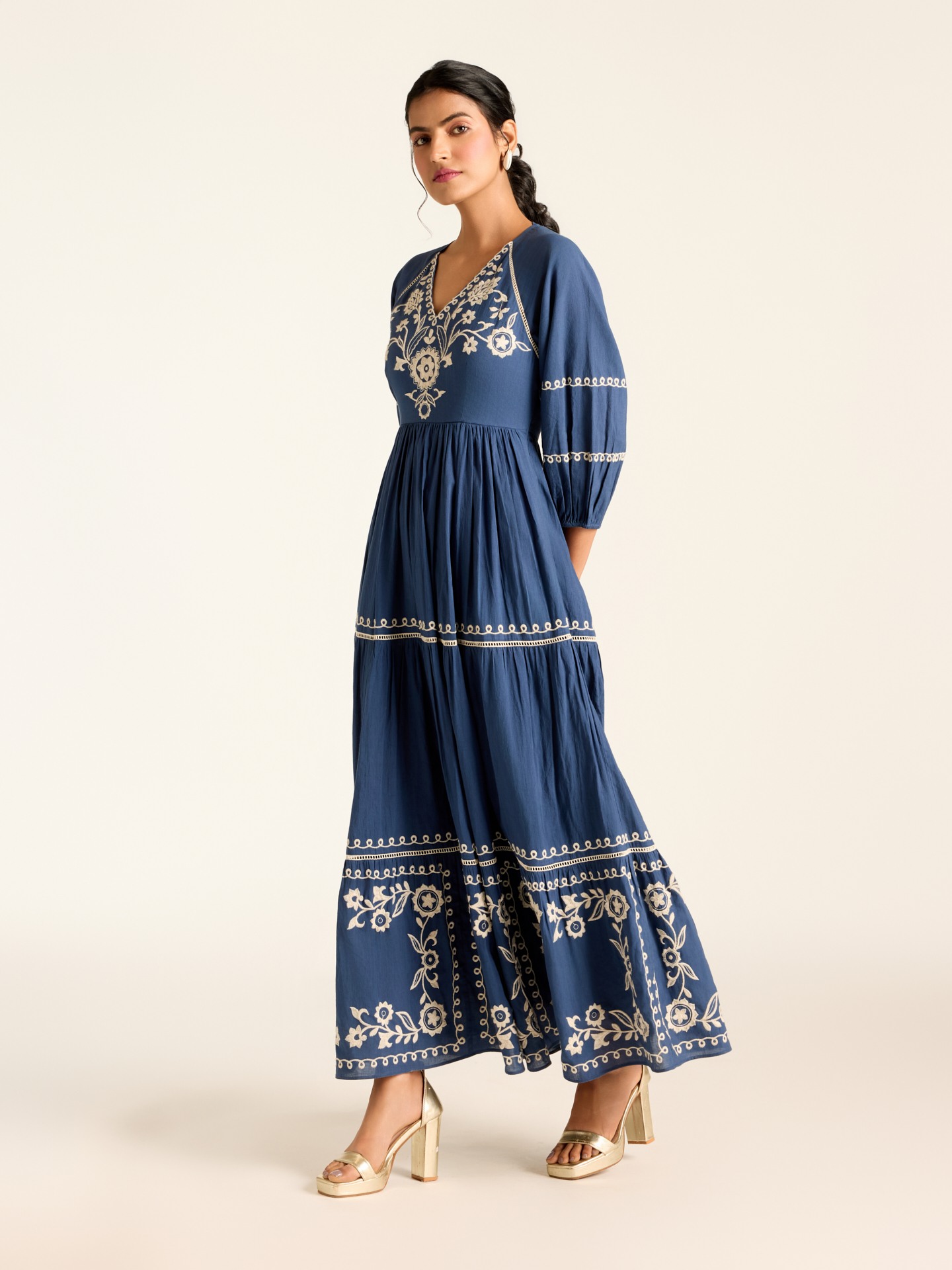 Navy Edwin Emb Long Dress