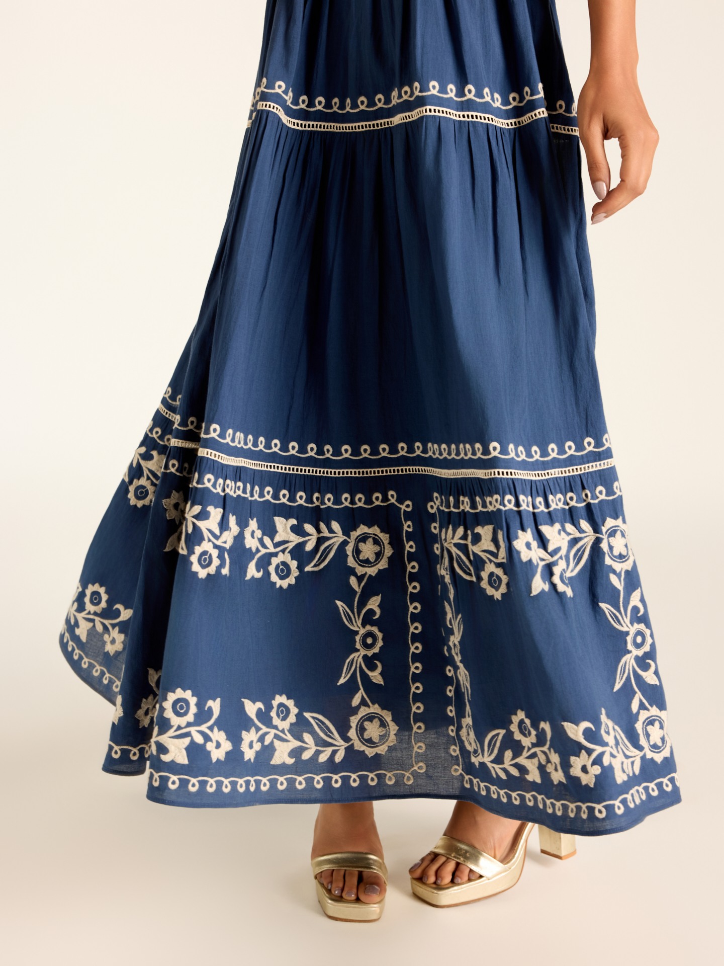 Navy Edwin Emb Long Dress