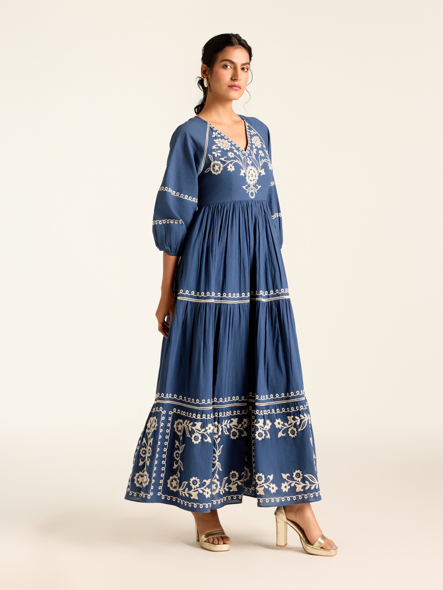 Navy Edwin Emb Long Dress