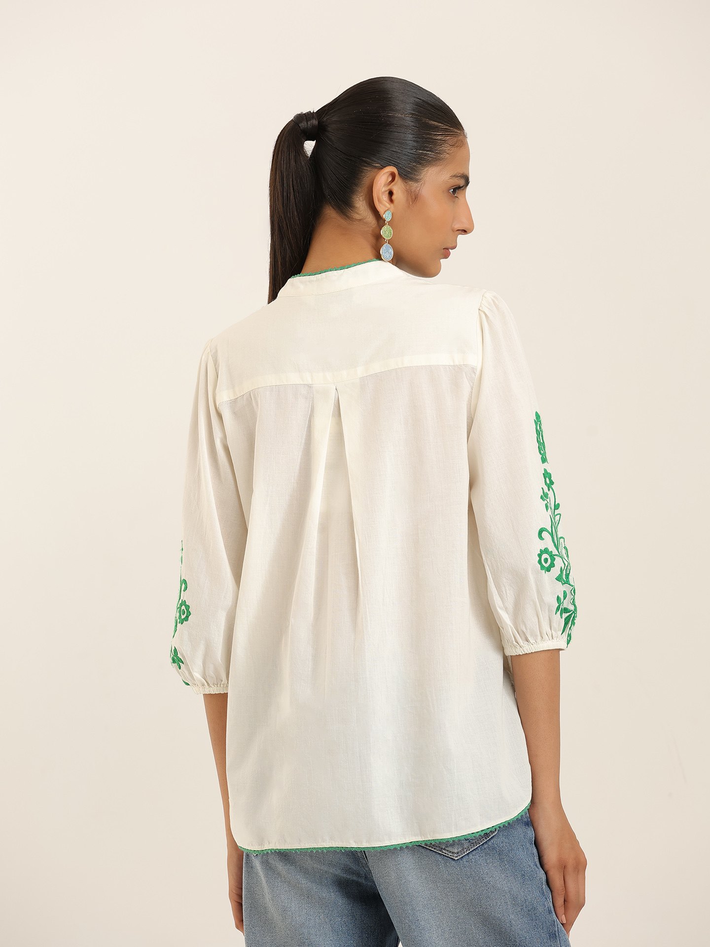 White Green Edwin Emb Short Top