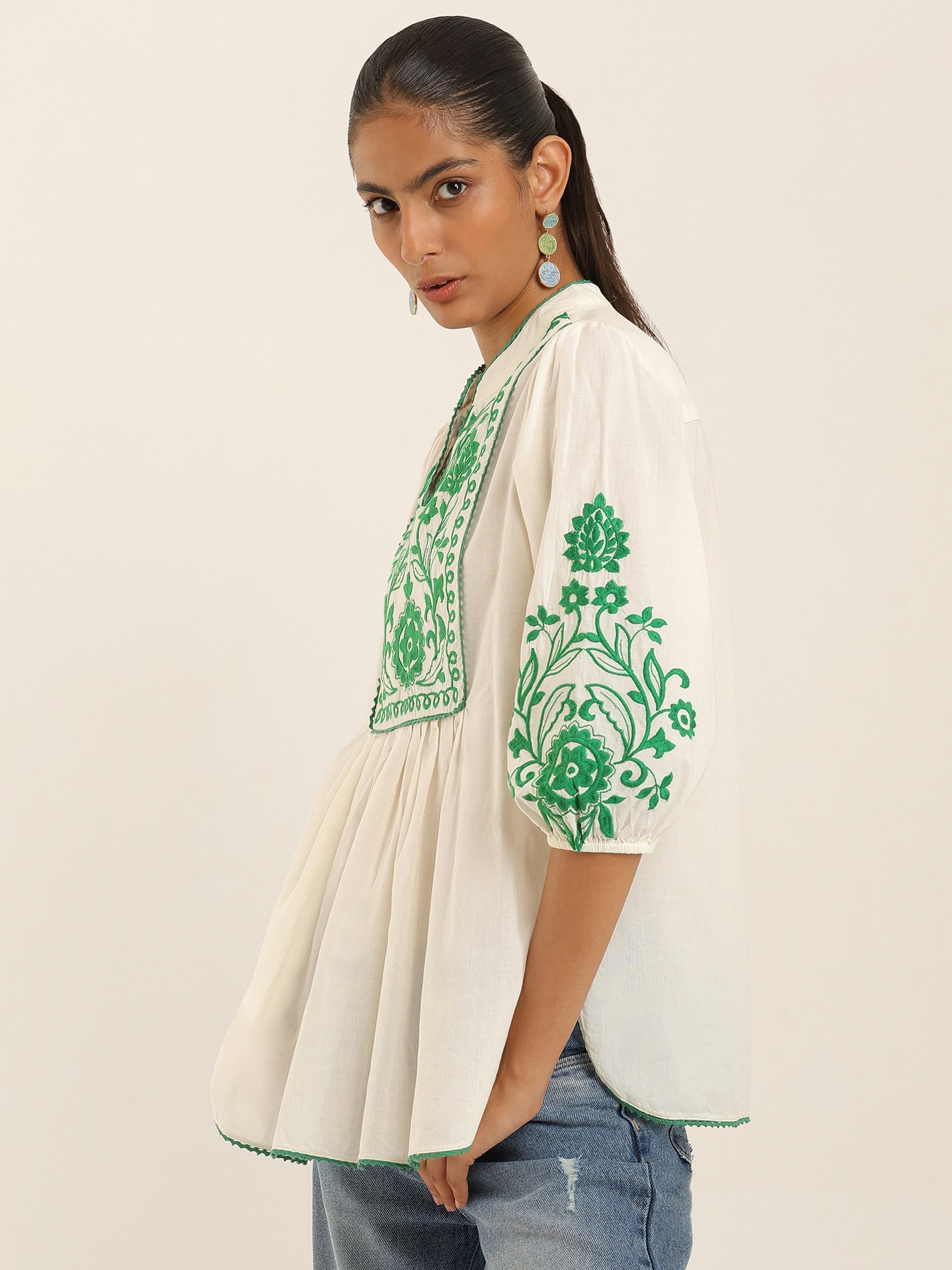White Green Edwin Emb Short Top