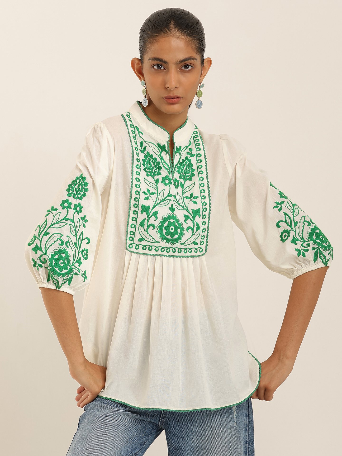 White Green Edwin Emb Short Top
