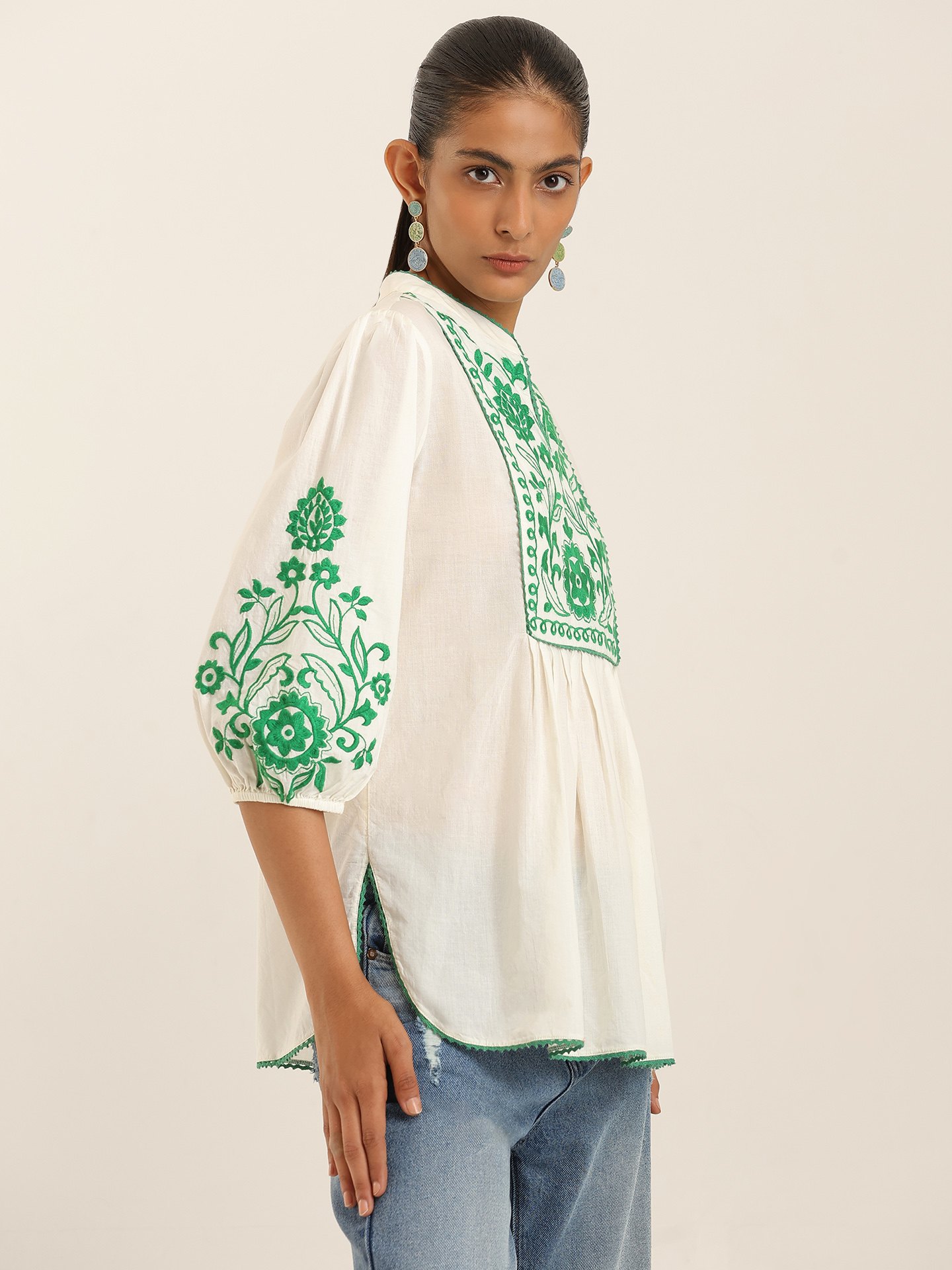 White Green Edwin Emb Short Top