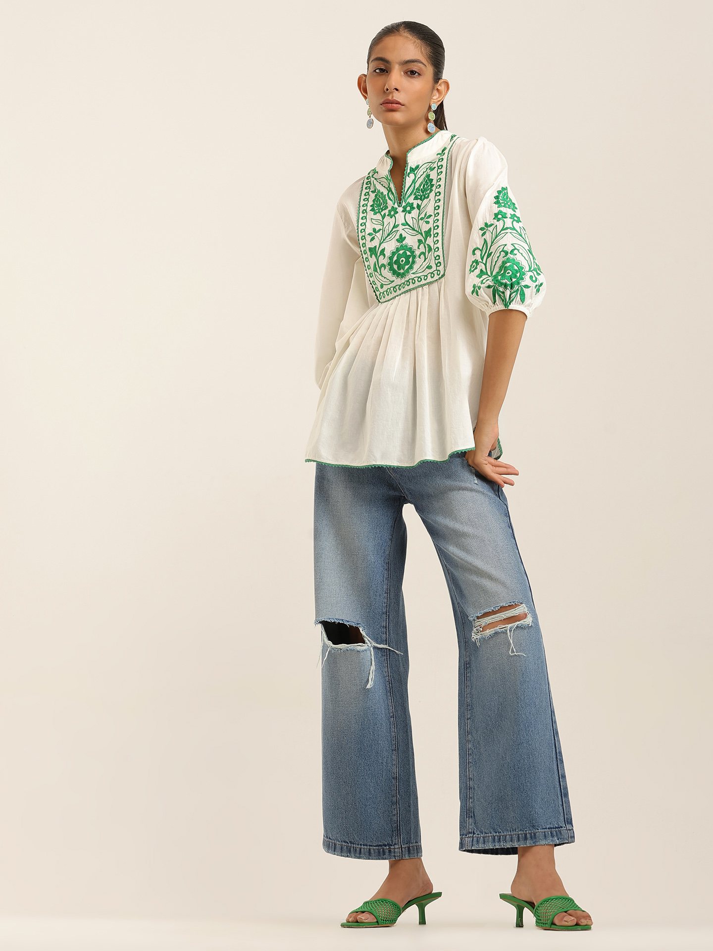 White Green Edwin Emb Short Top