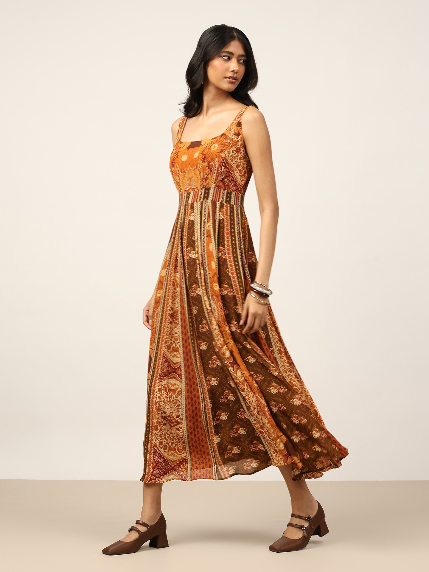Brown Pitchhpatch Long Dress
