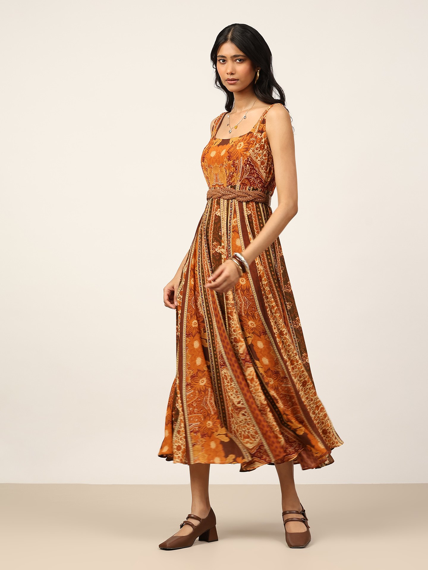 Brown Pitchhpatch Long Dress