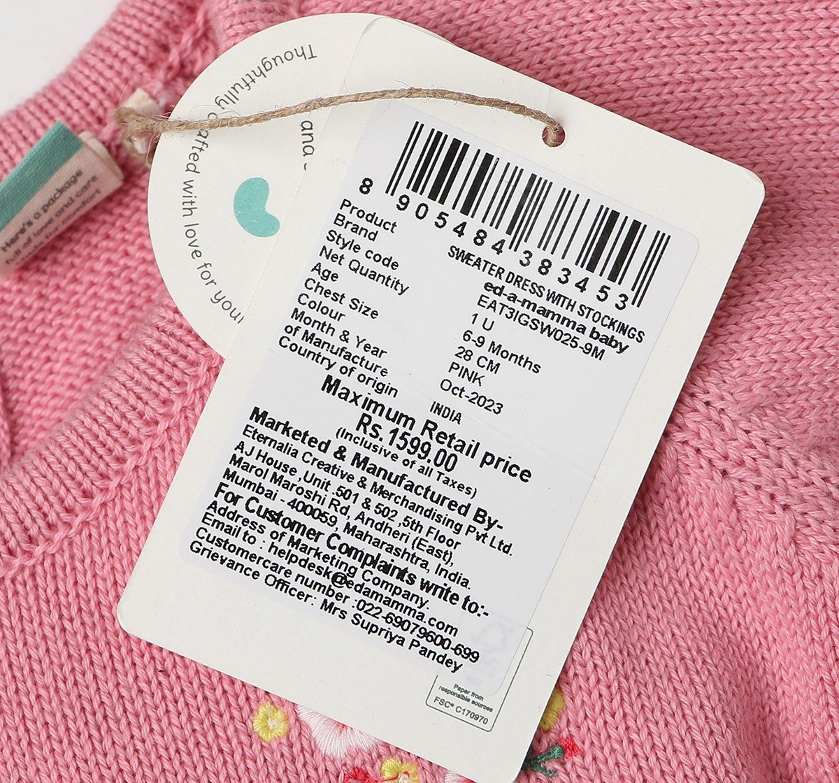 Infant Girls Embroidered 100% Cotton Sweater Dress - Pink