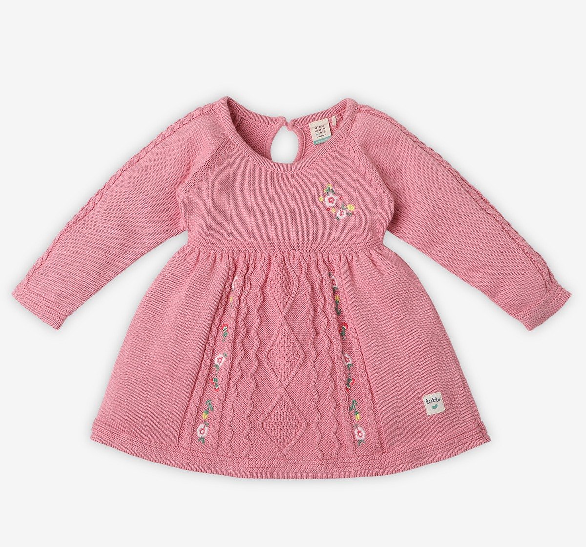 Infant Girls Embroidered 100% Cotton Sweater Dress - Pink