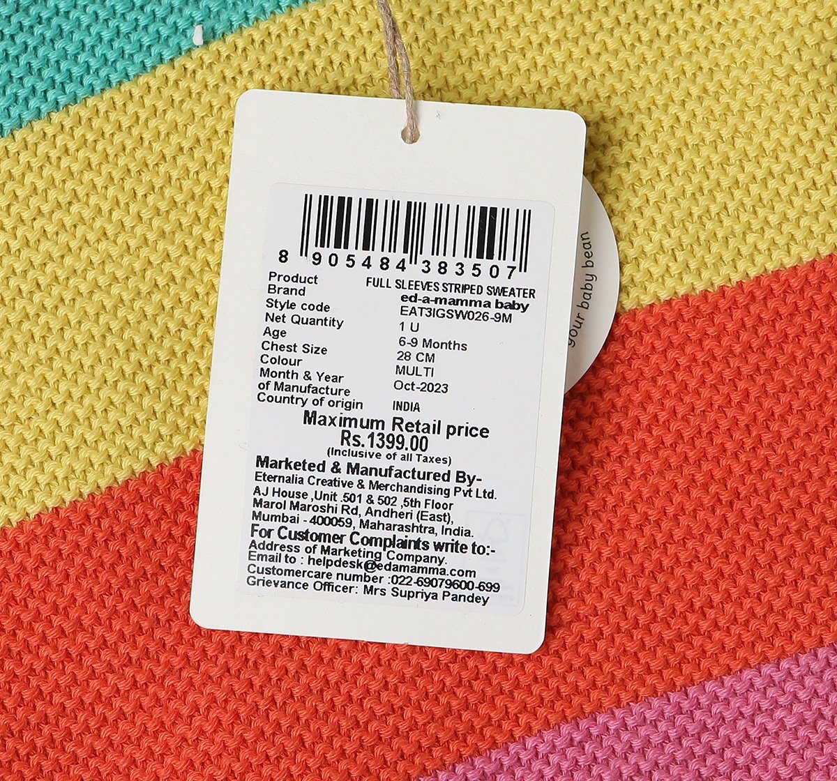 Infant Girls Striped 100% Cotton Sweater - Multicolour