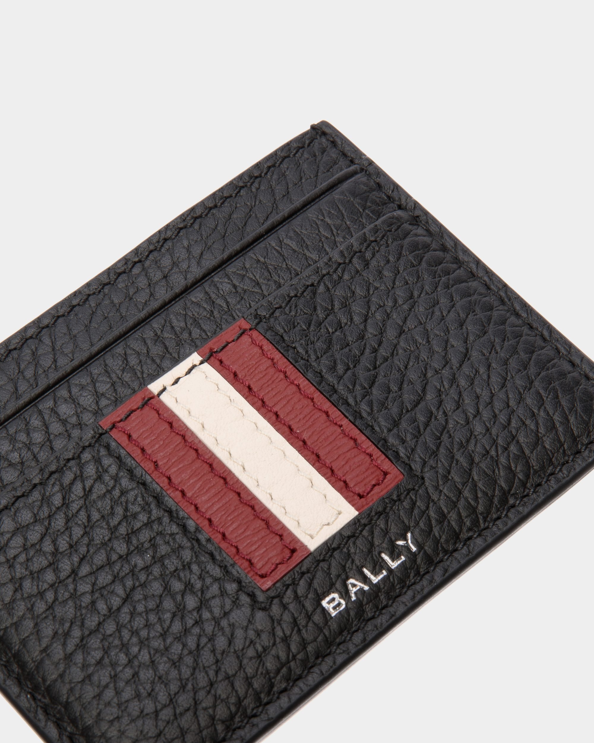 Ribbon Card Holder In Black Grained Leather