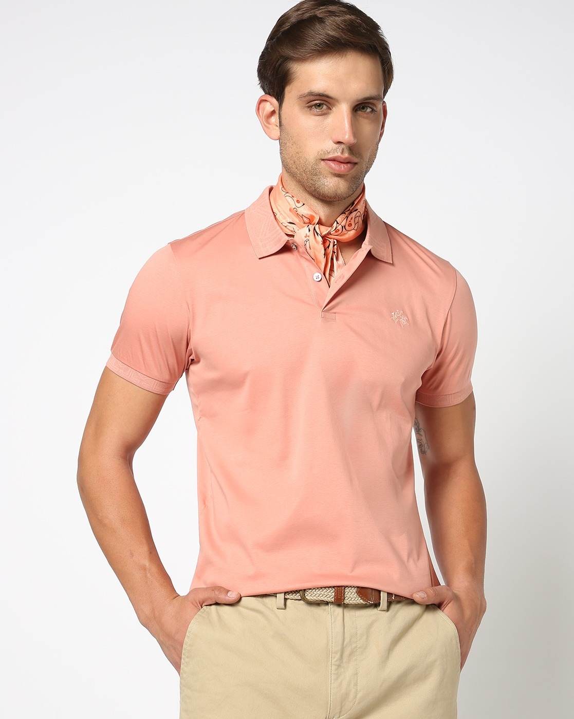 Cotton Slim Fit Jacquard Collar Solid Pink Polo T-shirt