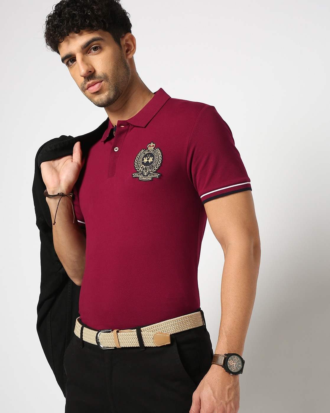 Cotton Stretch Slim Fit Solid Maroon Polo with Gold Embroidery
